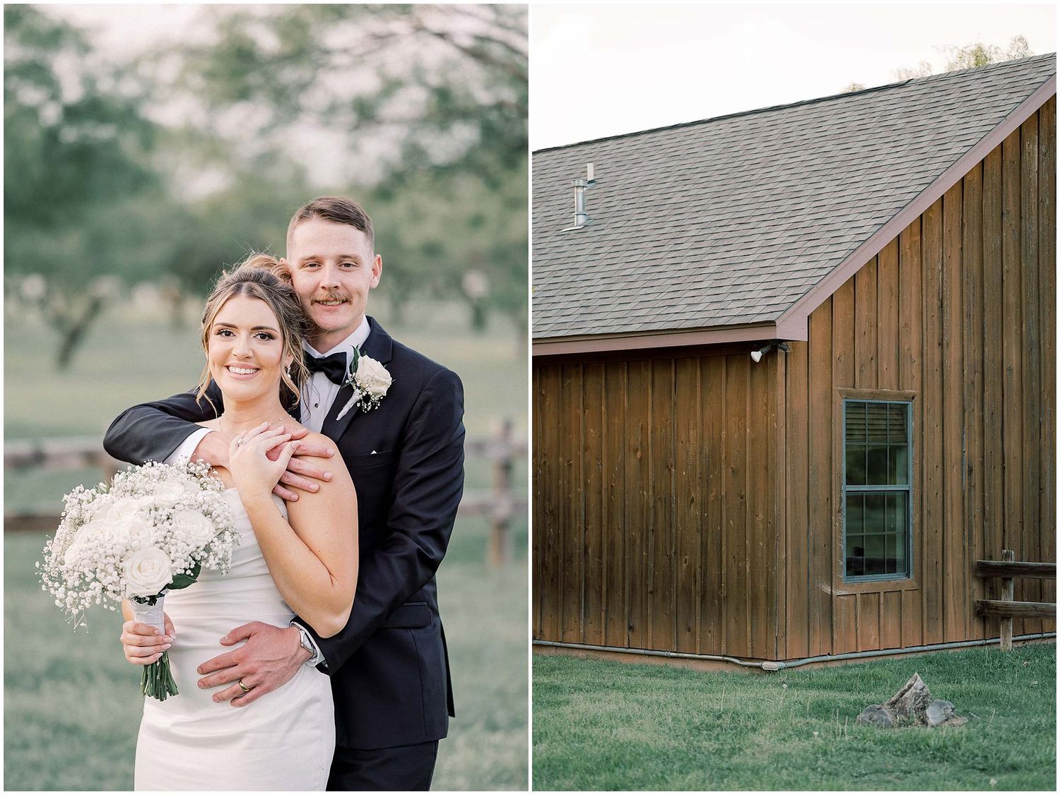 Wedding portraits featuring a rustic wooden barn backdrop and natural outdoor scenery.