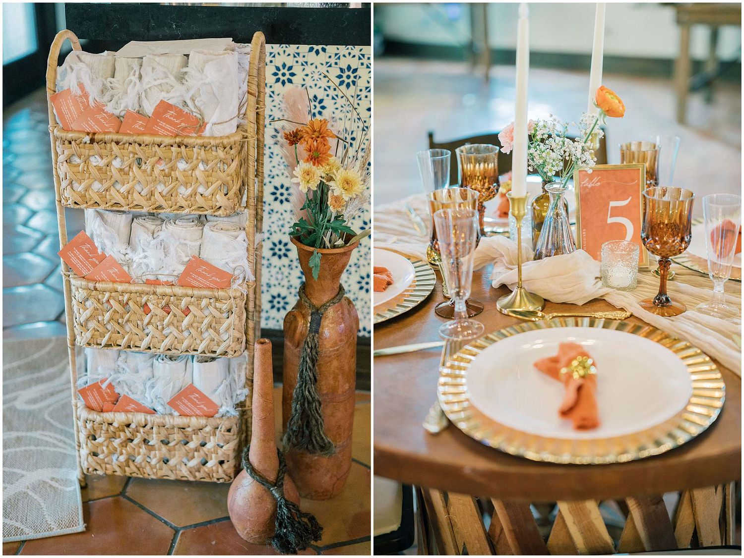 Wedding reception table settings with peach and gold accents and decorative display stands.