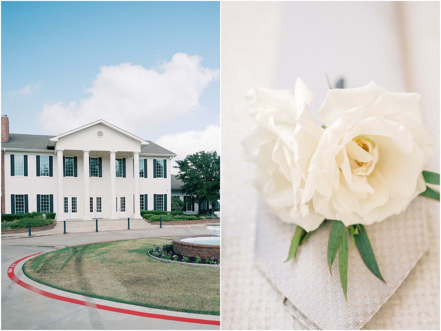 Elegant white roses and classic architecture details from a wedding venue.