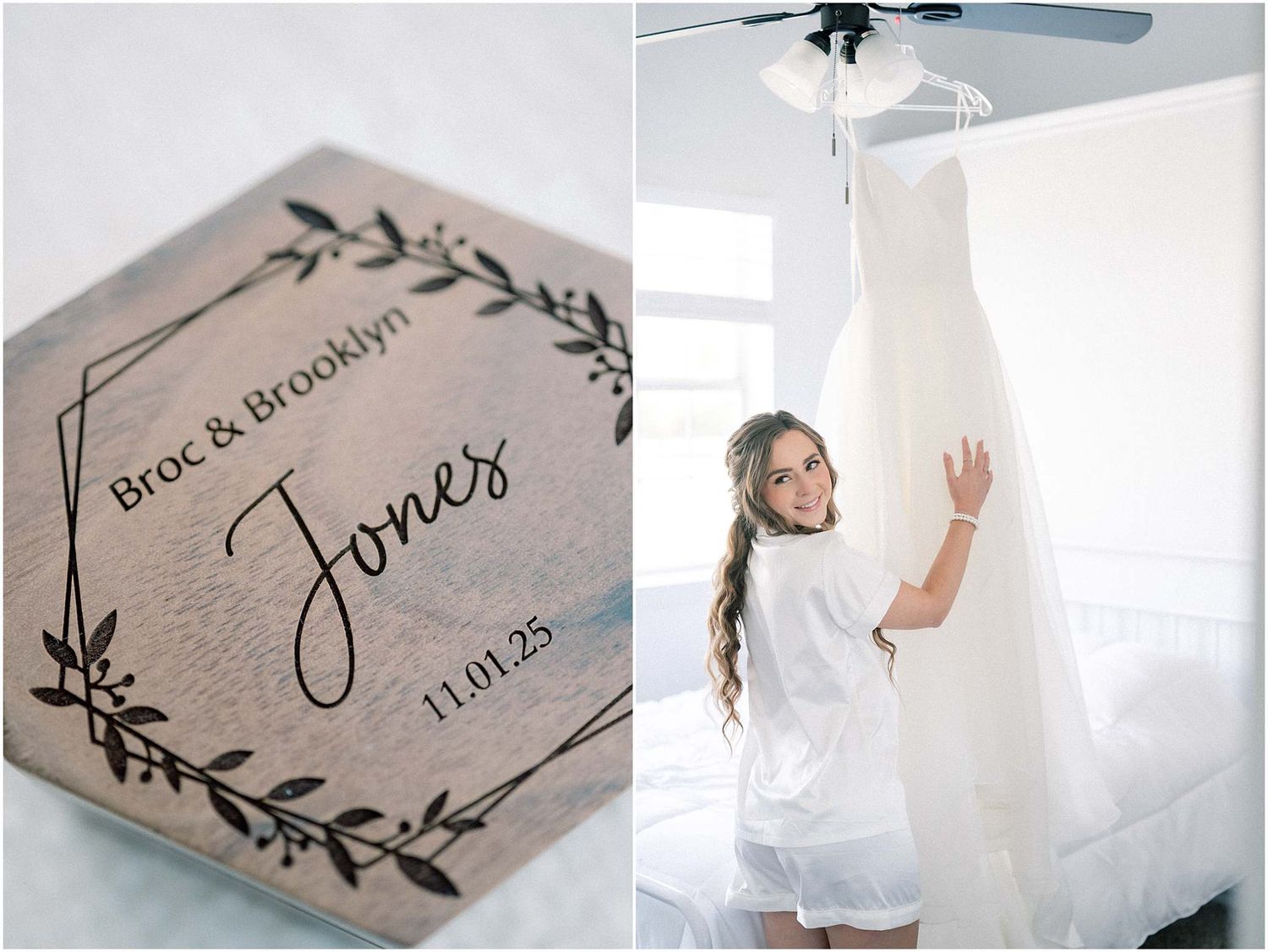 Wedding day preparation details with white dress and decorative signage.