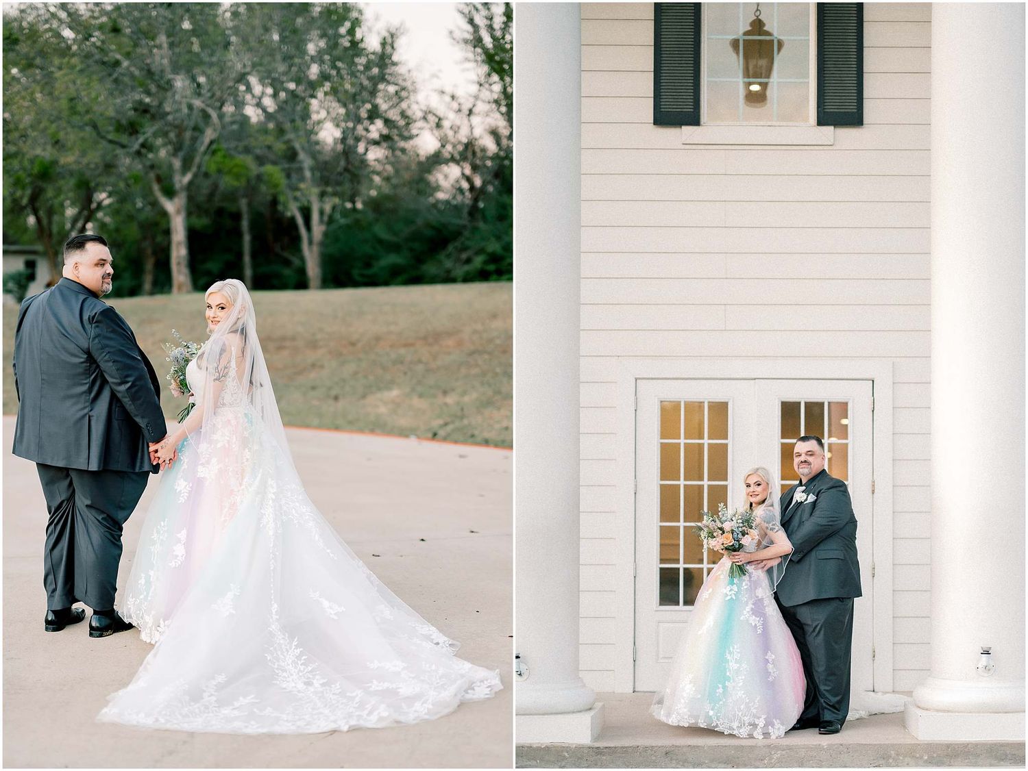 Outdoor wedding photography session at a stately white mansion with columns.