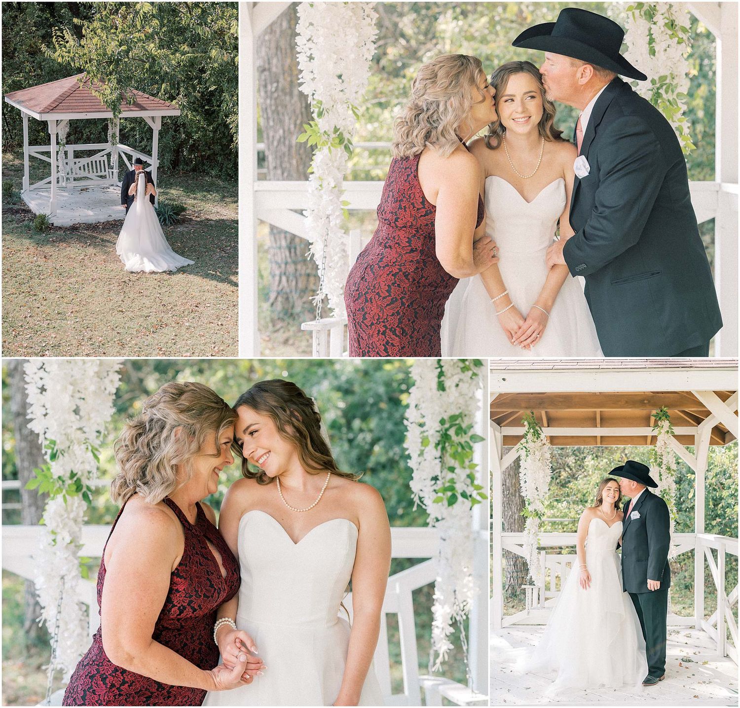 Outdoor wedding photography featuring intimate moments between newlyweds and wedding party.