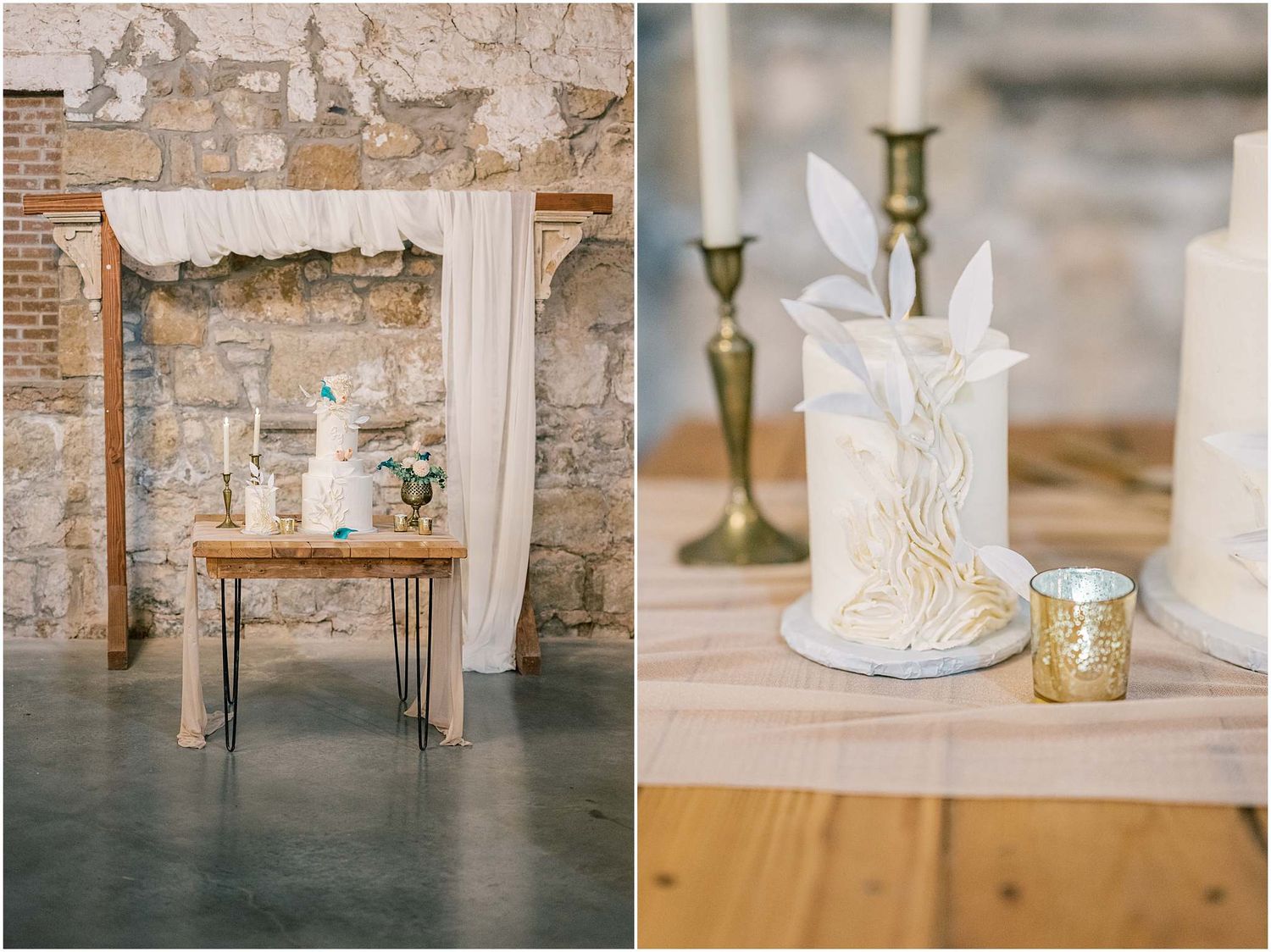 Rustic brick wall backdrop with white curtains and elegant candle display on wooden table.