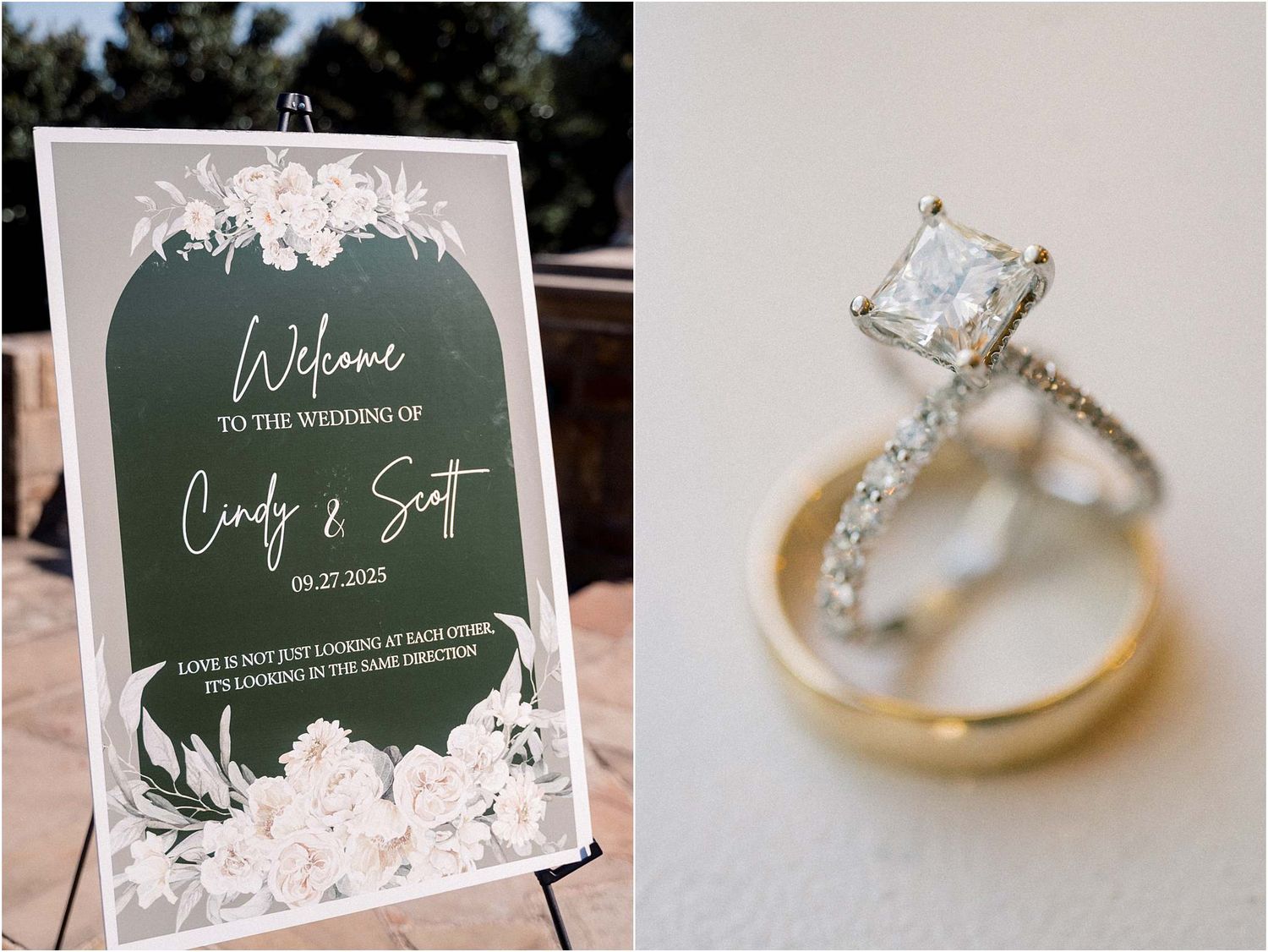 Wedding details including rings and dark green floral invitation suite.
