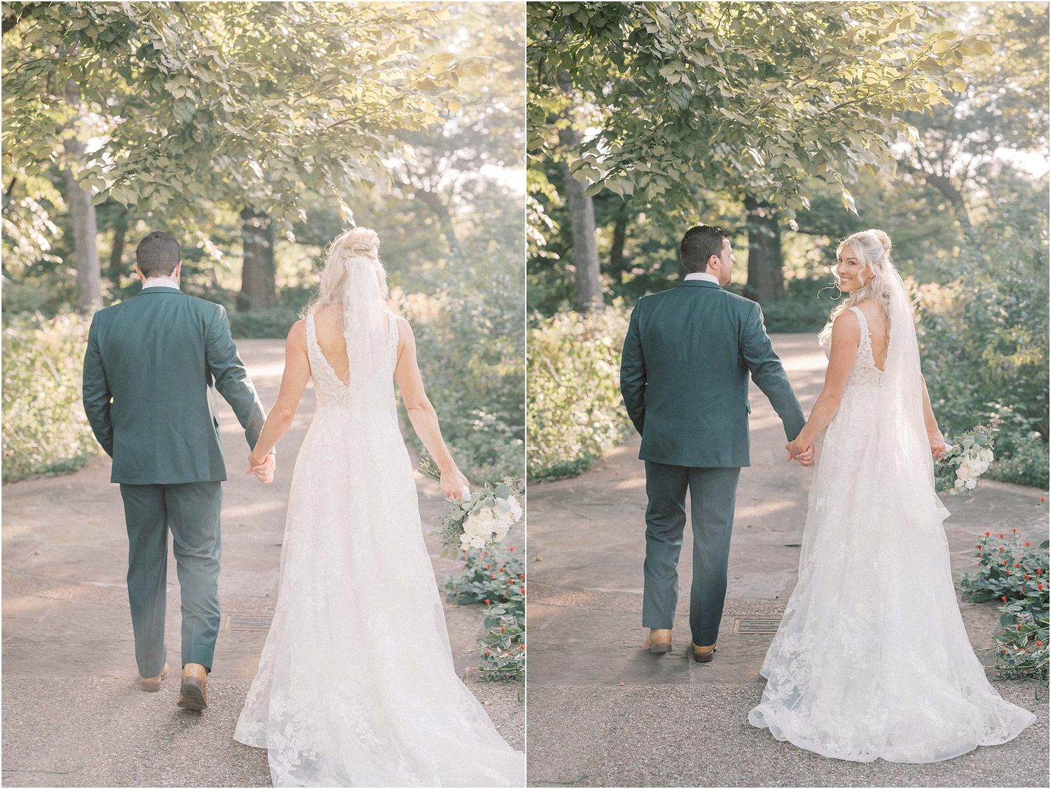 Newlyweds walk hand in hand down tree-lined garden path during sunset photo session.