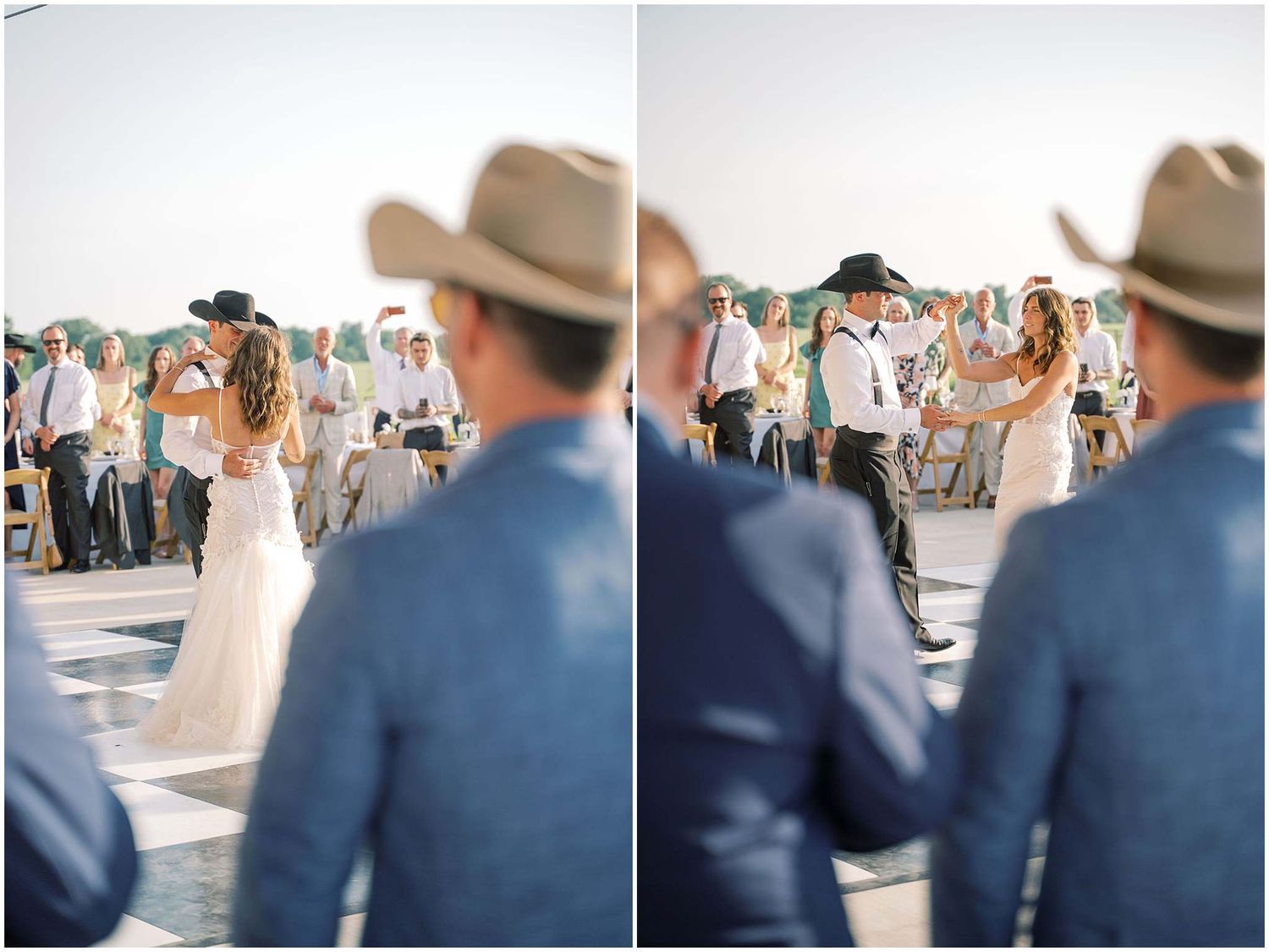 First dance moments captured on black and white checkered dance floor at outdoor reception.