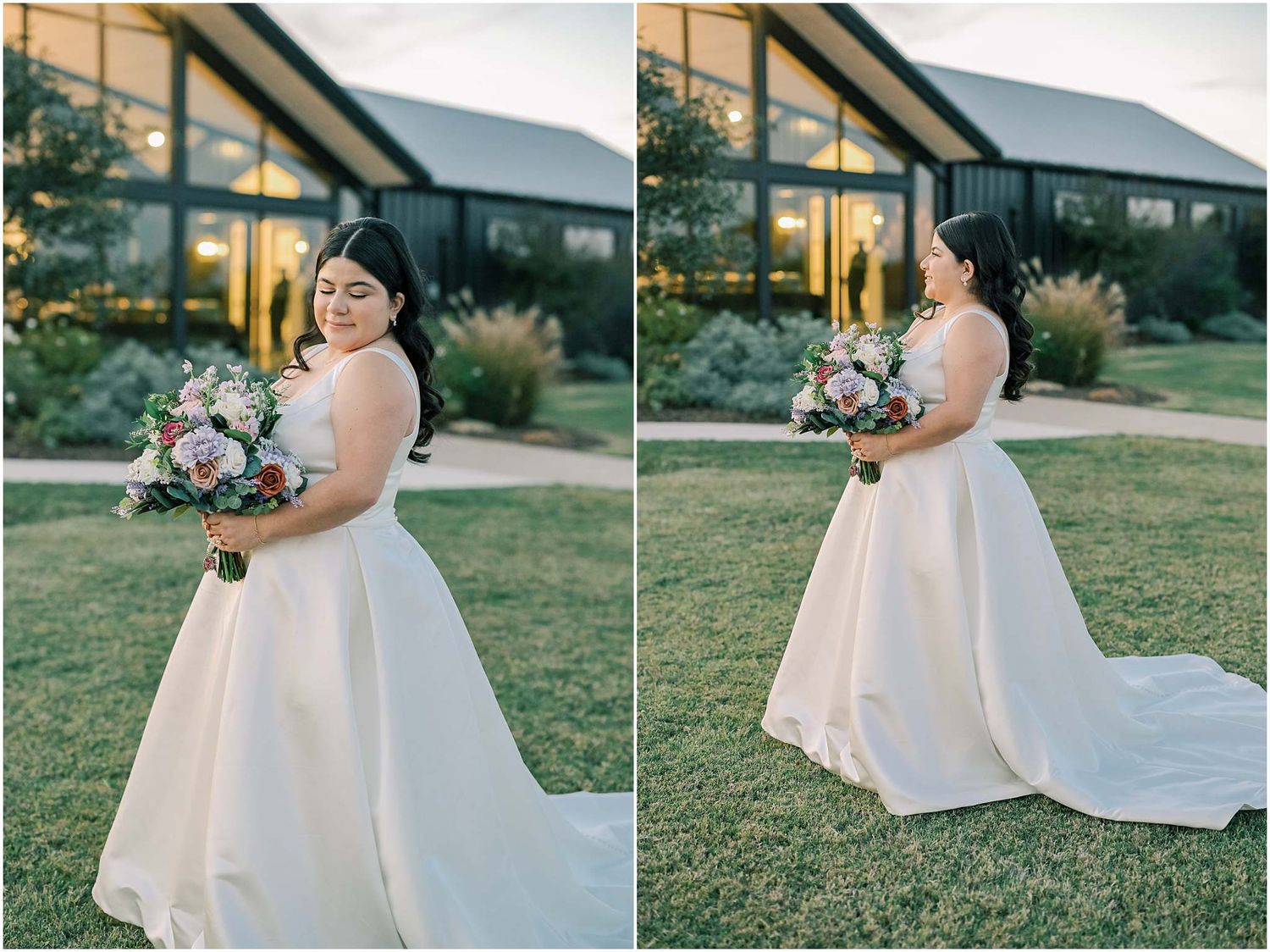 Series of bridal portraits showing details of white wedding dress against outdoor venue.