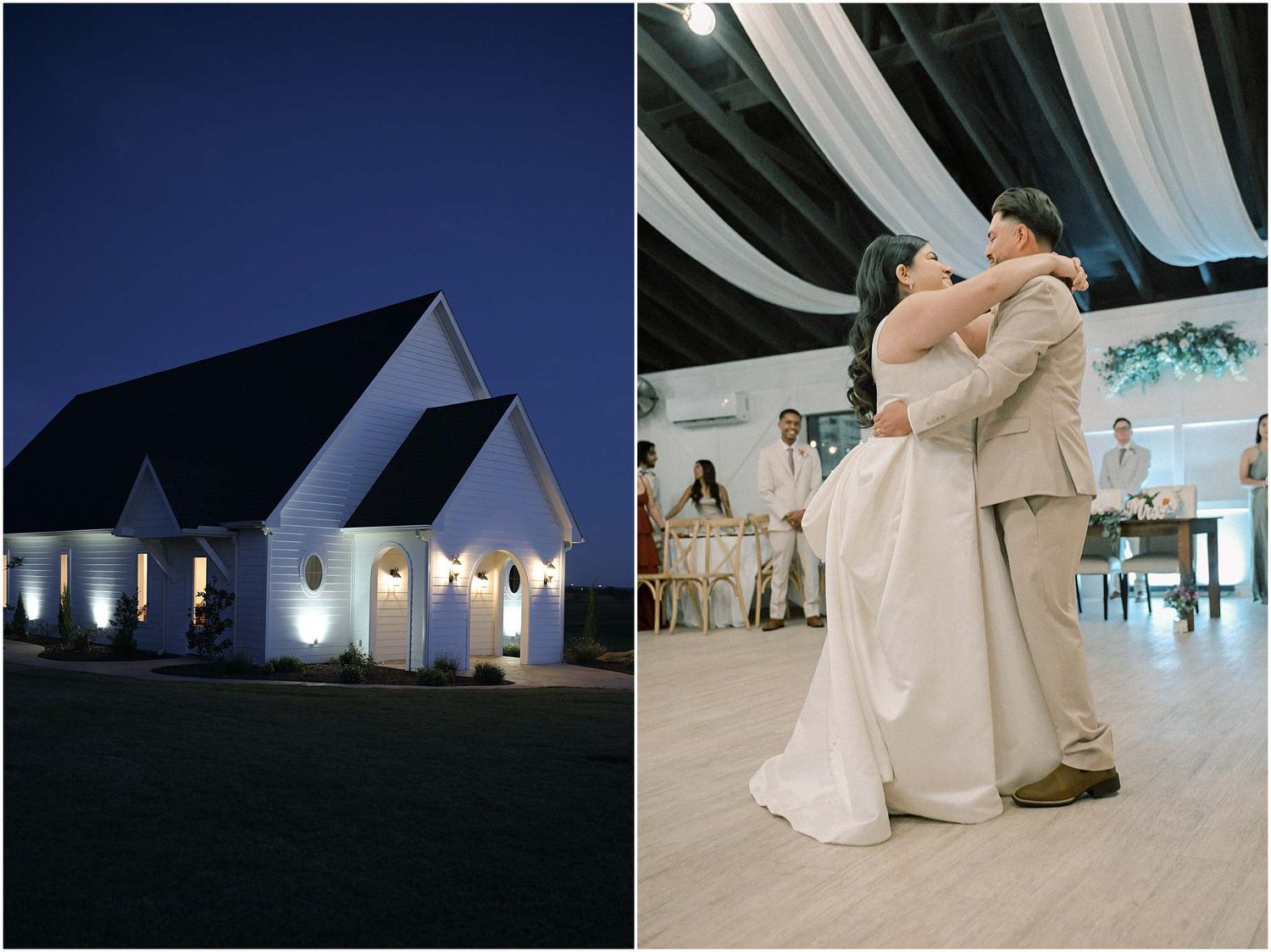 Wedding reception venue at night with illuminated white tent structures.