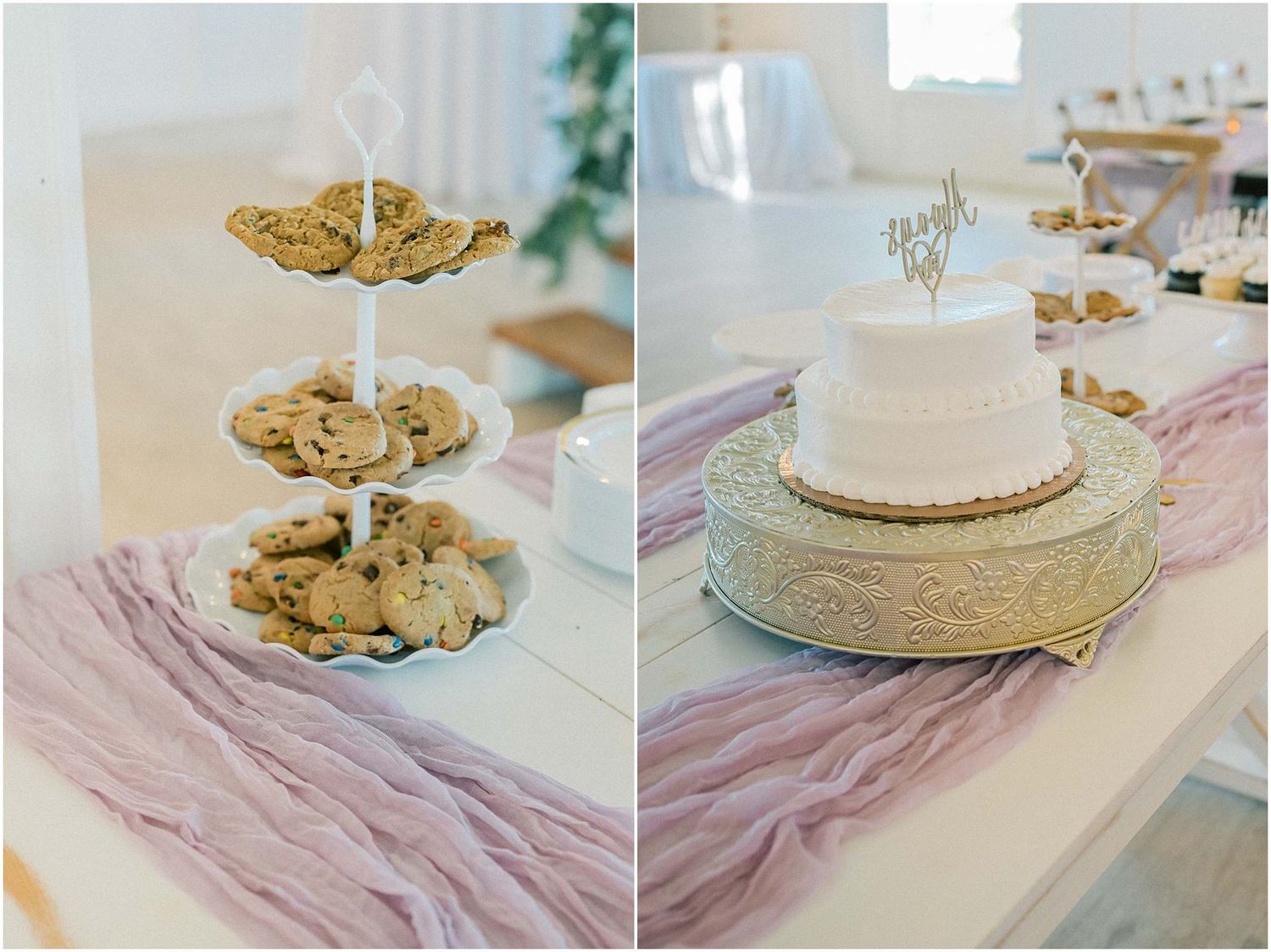 Wedding cake and cookie display arranged on pink fabric with decorative table settings.