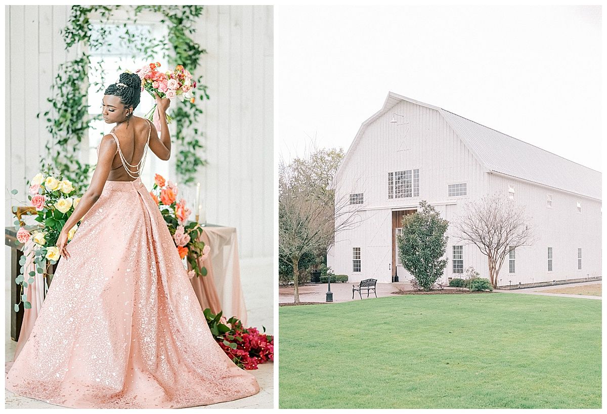 A romantic wedding photo session in front of a white church with a flowing blush pink ballgown dress and floral accents.