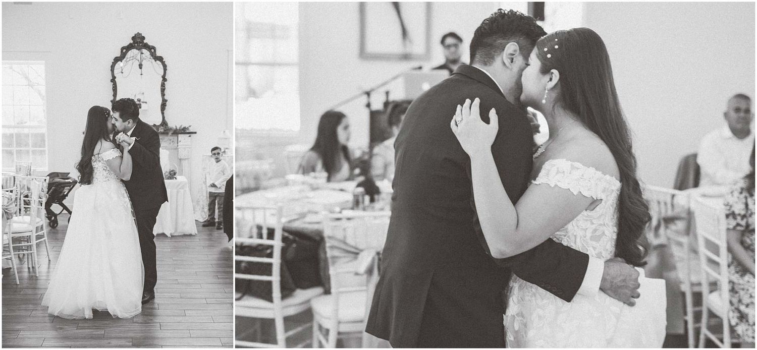 A collage of black and white wedding photos showing couples dancing and celebrating at a reception.