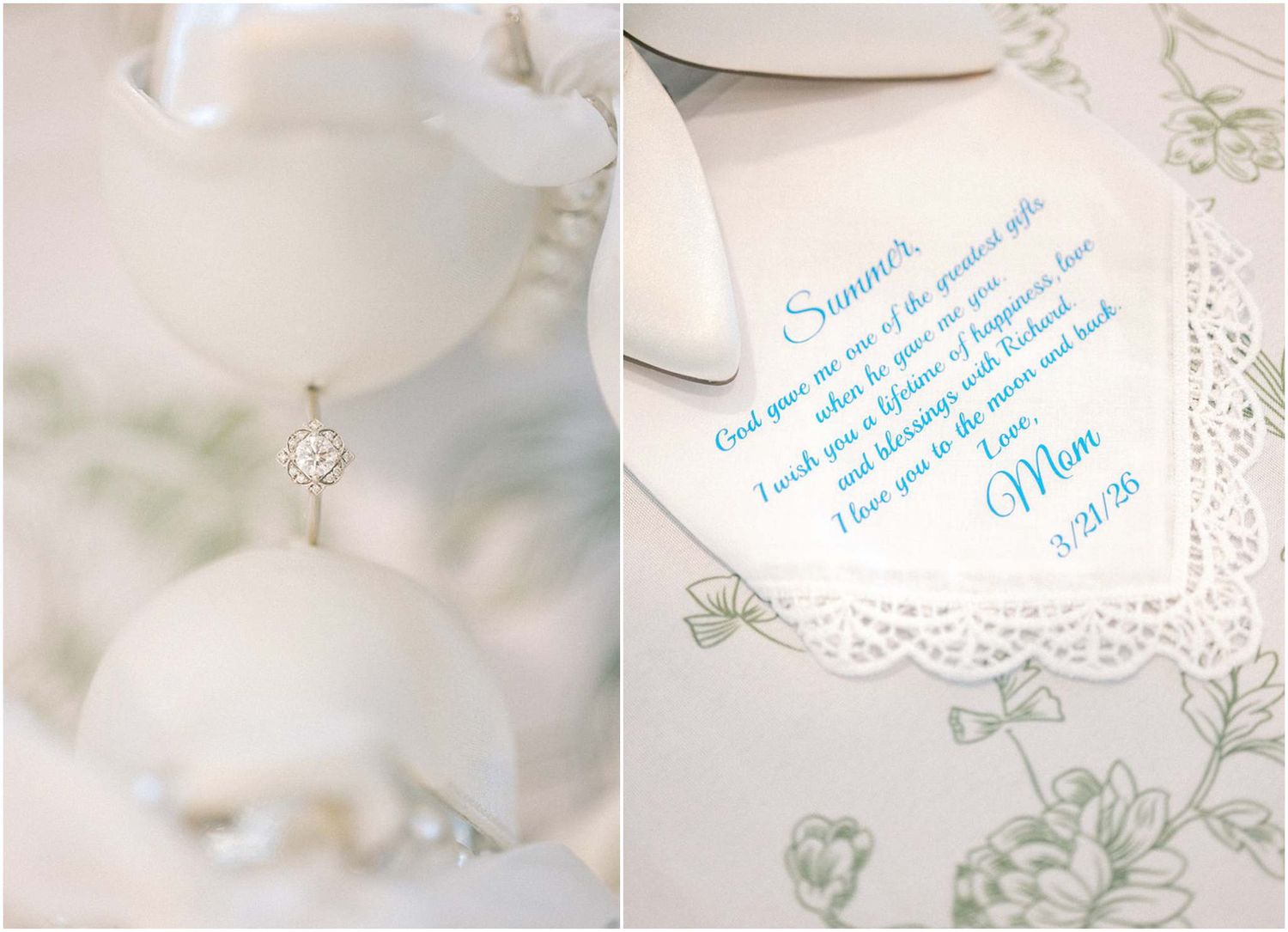 Wedding stationery with handwritten blue text displayed among white lace and soft greenery details.