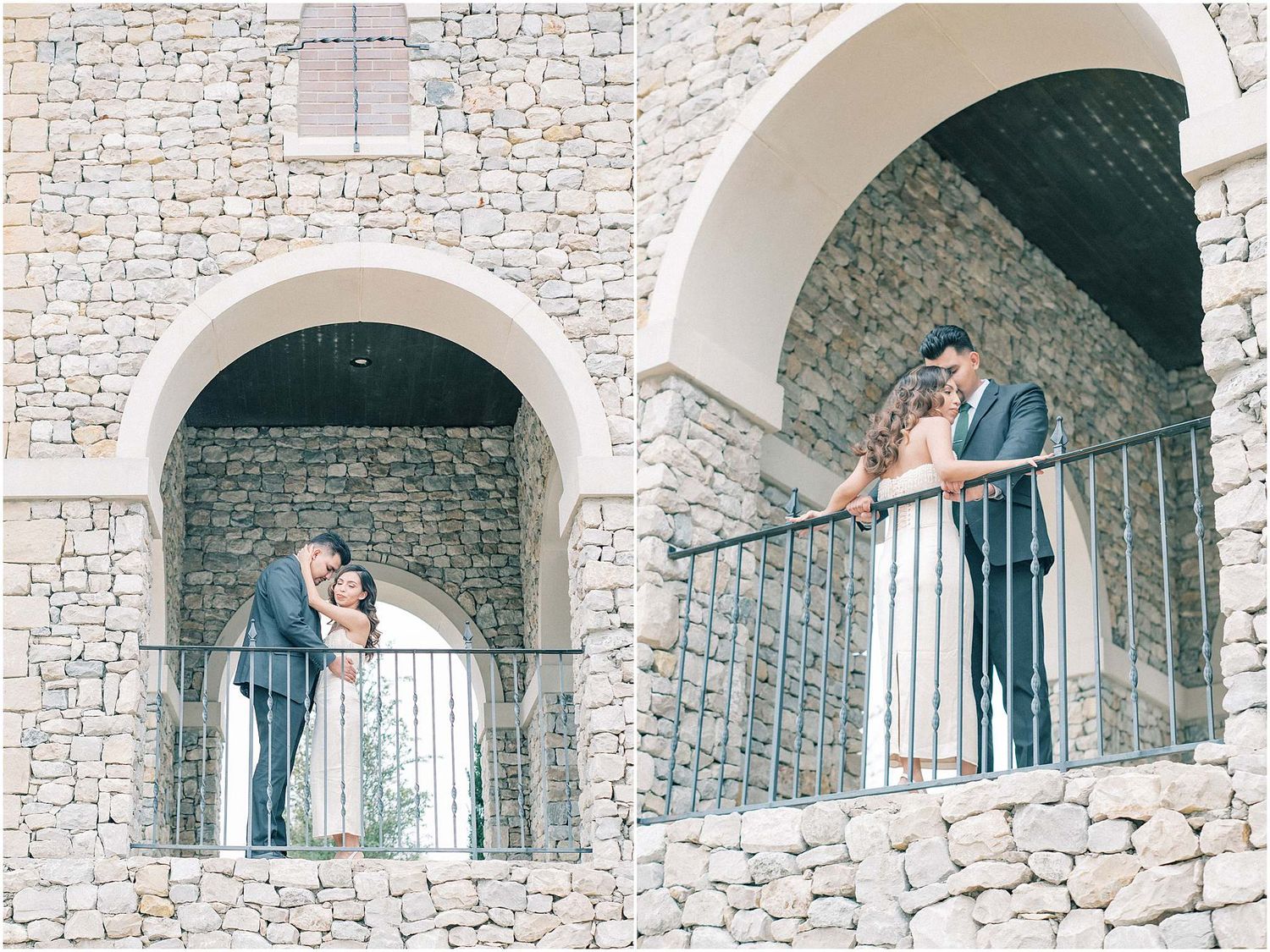 Stone archways with white curtains create an elegant architectural backdrop in an outdoor setting.