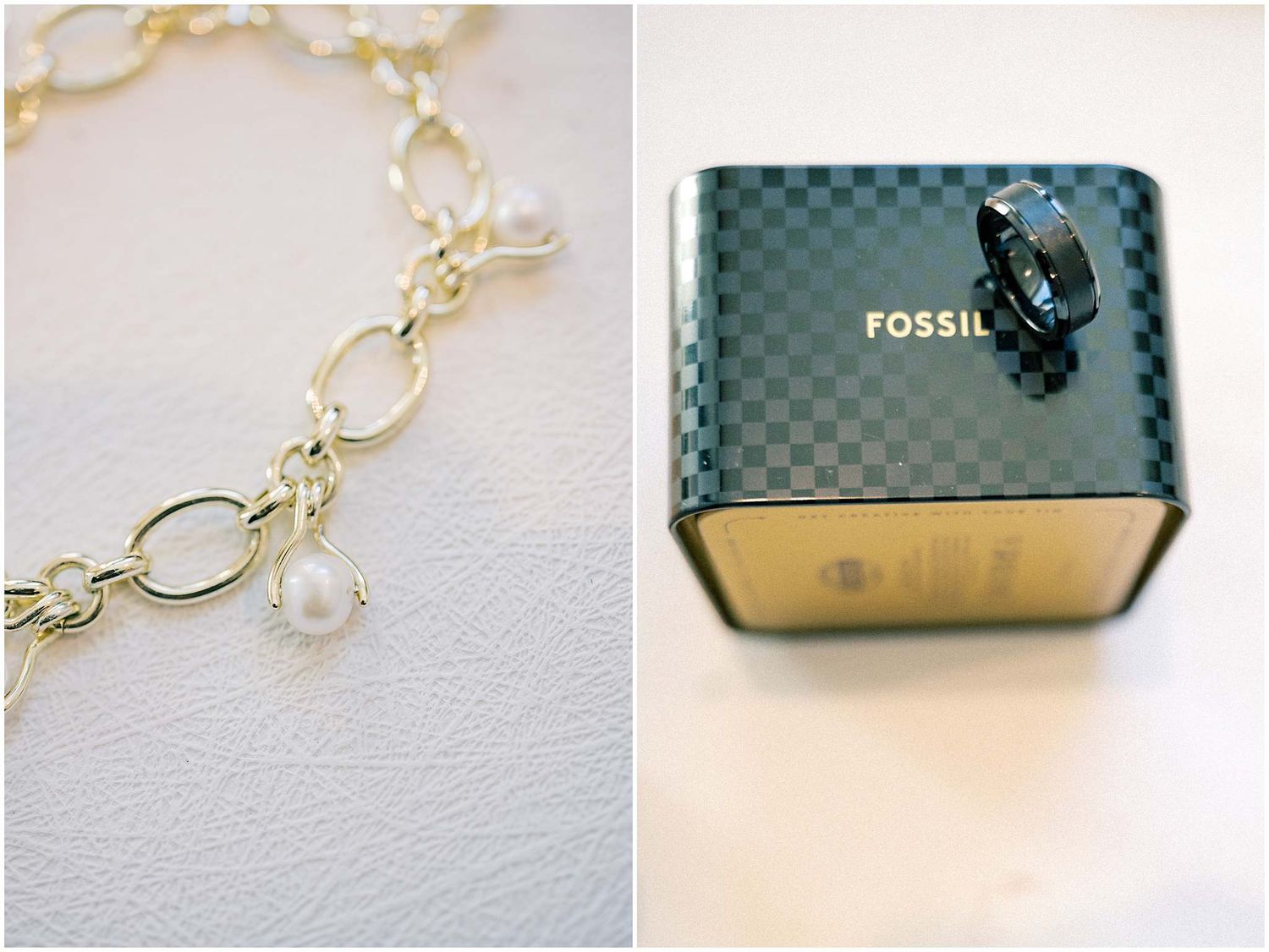 A delicate gold chain bracelet with pearl charm next to a teal Fossil watch box.