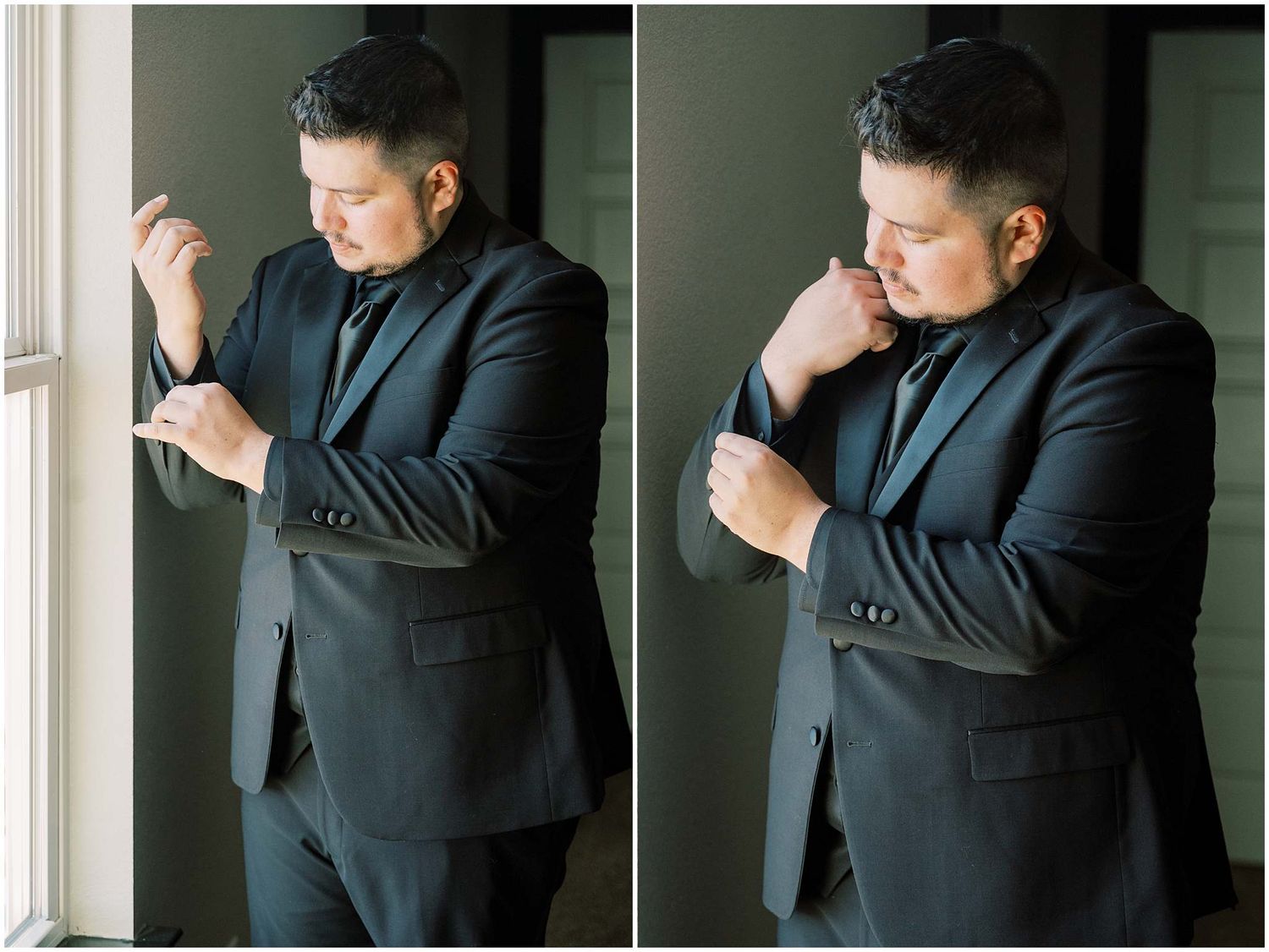 A sequence of dramatic black and white portraits showing a person in a dark suit adjusting their tie near a window.