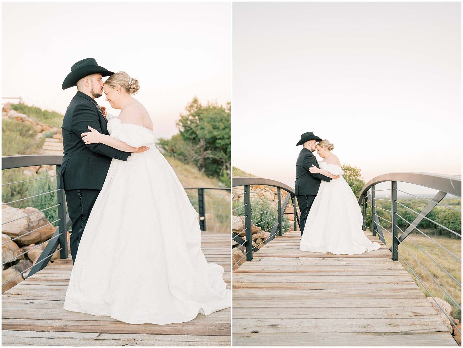 Couple in wedding attire share romantic moments on a wooden boardwalk during sunset photo session.