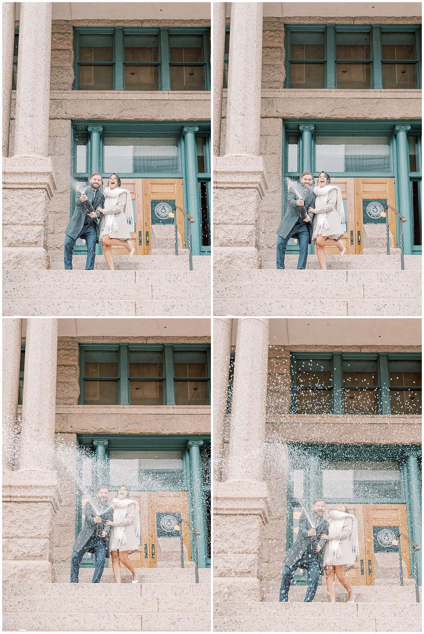 Sequence showing couple throwing confetti outside a building with turquoise trim and stone columns.
