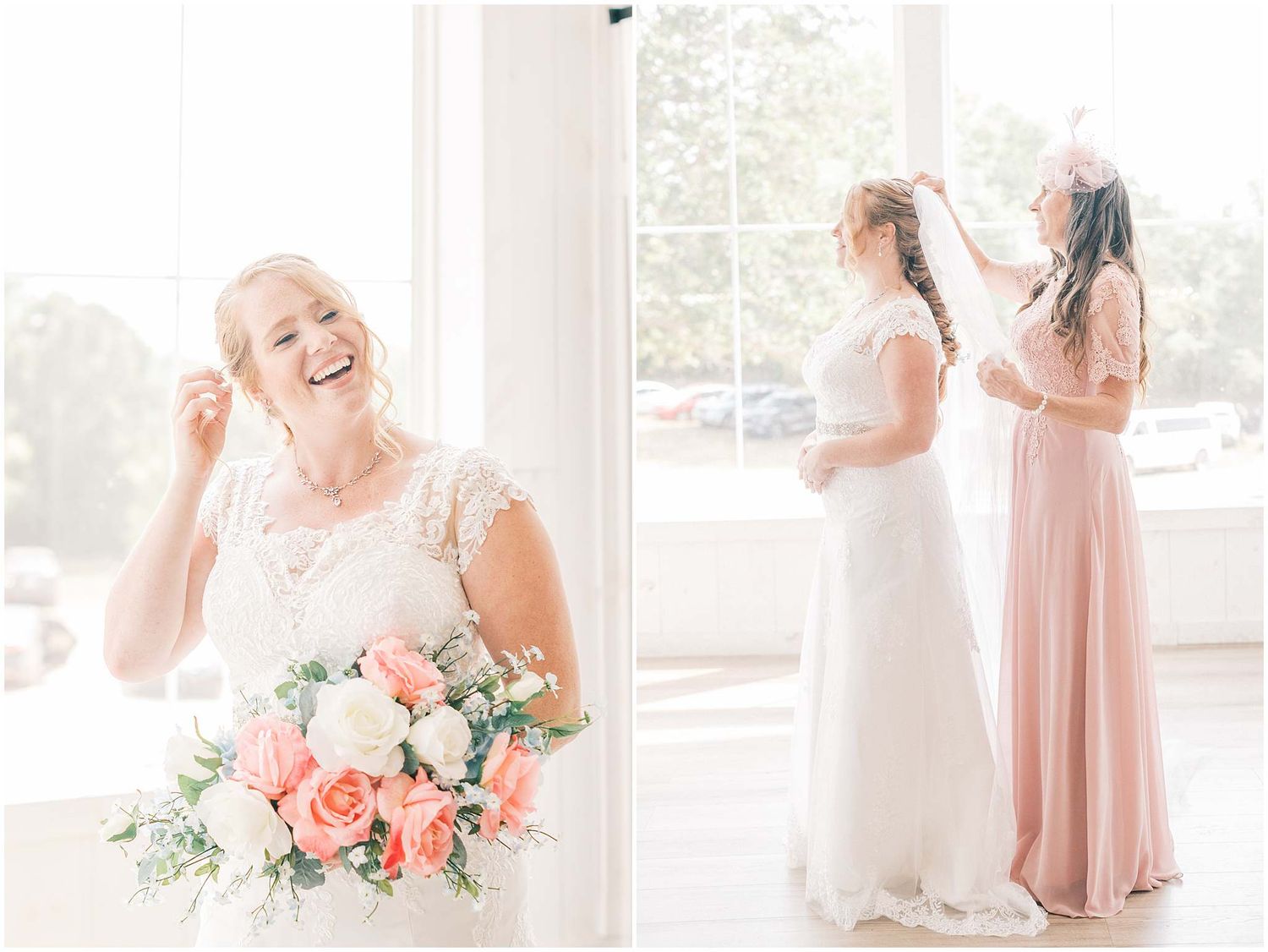 A collage of wedding photos featuring soft pink and white colors with floral bouquets and elegant dresses.