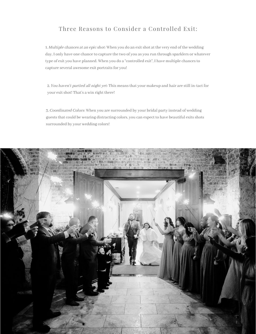 Bride and groom exit wedding ceremony through sparkler tunnel surrounded by bridal party in coordinated gray dresses.