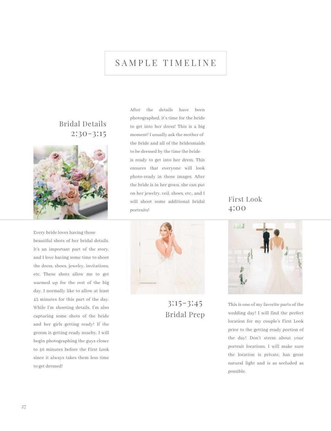 Elegant wedding planning timeline guide featuring bridal prep photos, a bride in white gown, and floral details on a clean layout.