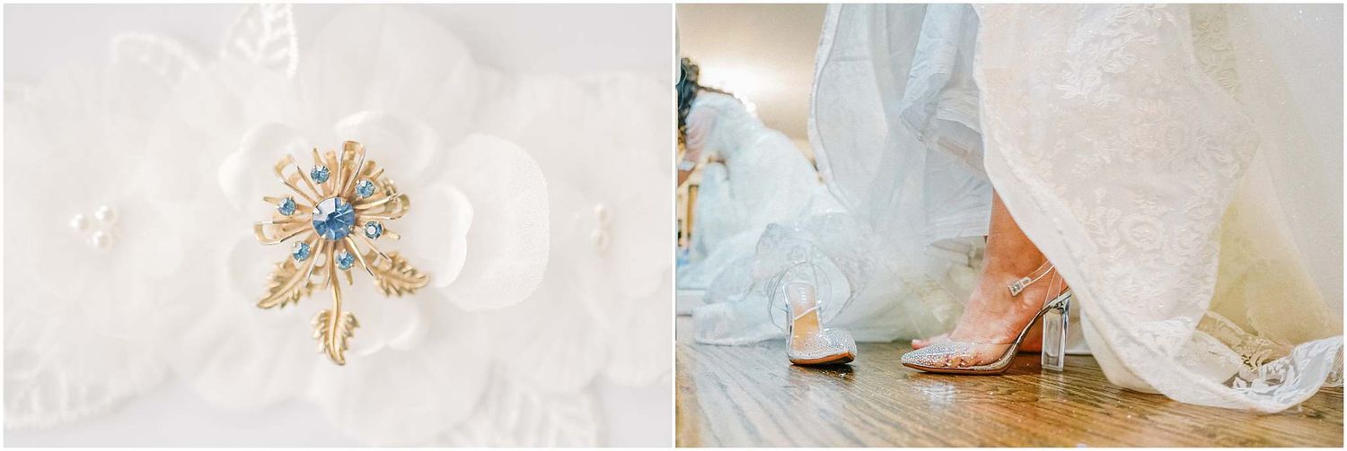 Elegant bridal details featuring a gold floral brooch on white fabric and lace wedding dress with nude heels.