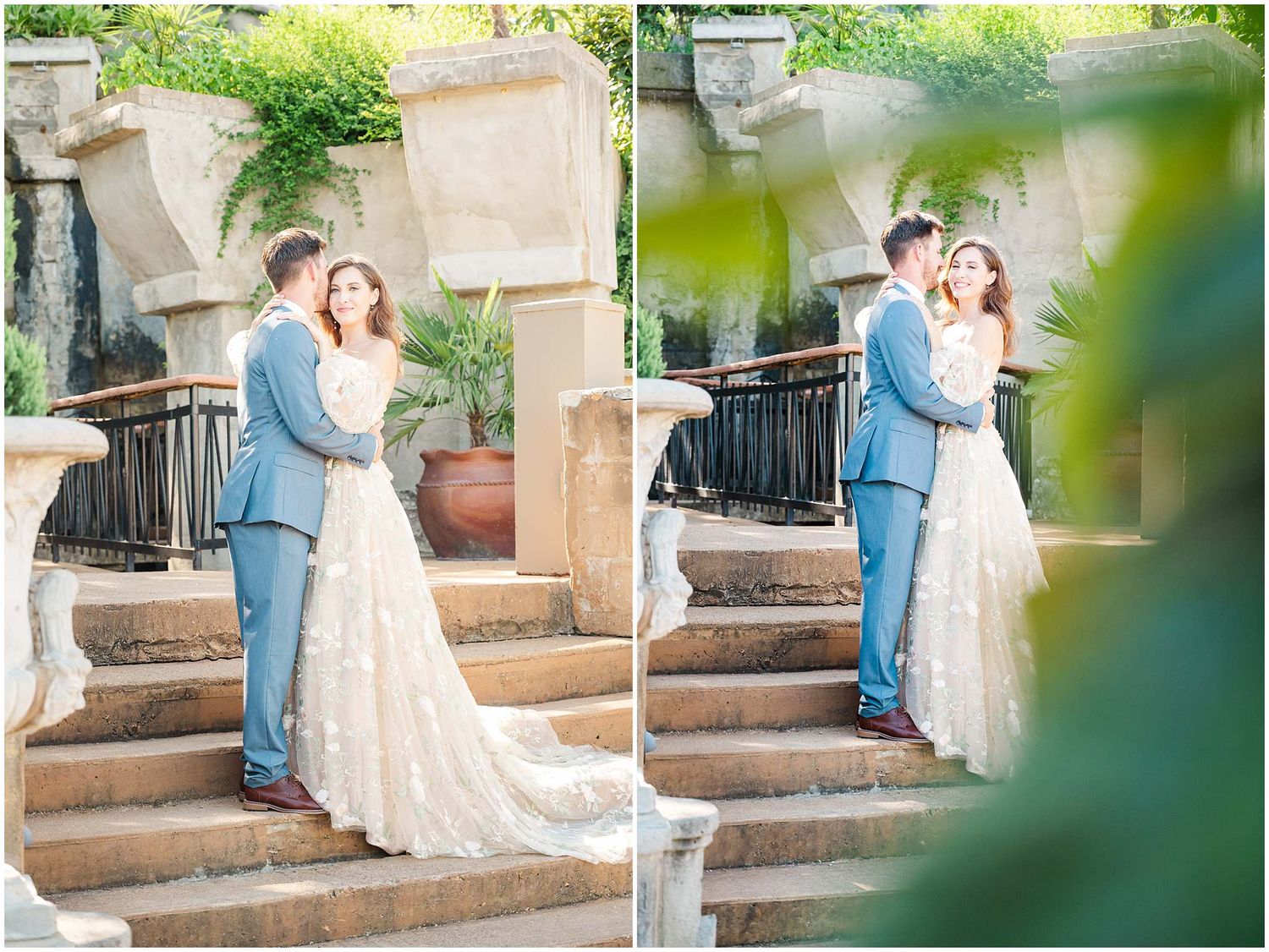 Couple poses together on outdoor stone steps surrounded by lush greenery.