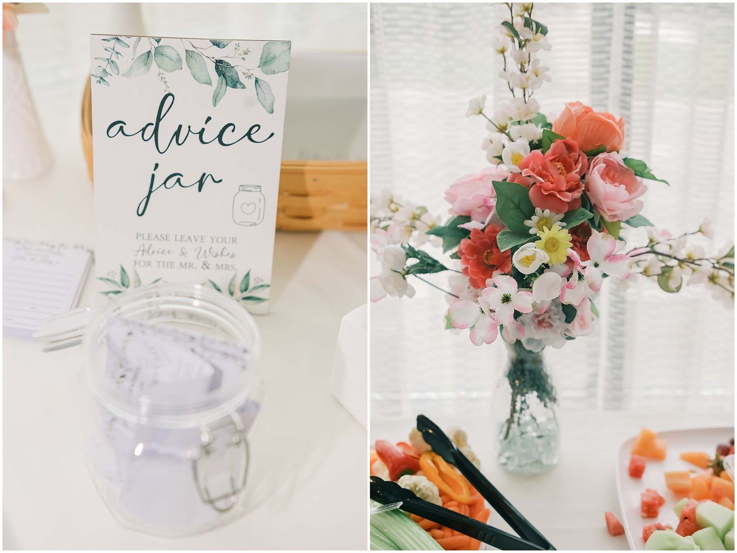 Clear glass jars with handwritten labels and floral decorations arranged in a wedding decor display.