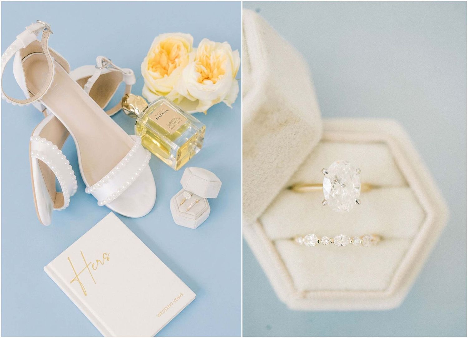 Elegant bridal flat lay with white heels, perfume, flowers, vow book, and a stunning oval diamond engagement ring in a velvet box.