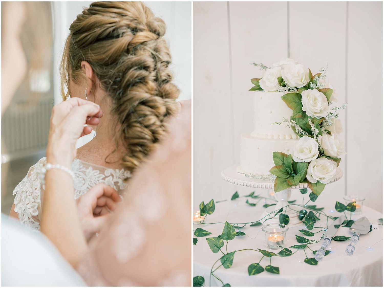 Bride with elegant braided updo beside a three-tier white wedding cake adorned with roses and ivy garland.