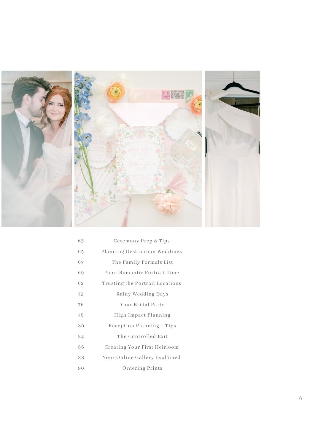 Wedding photography guide page featuring romantic couple portraits, floral stationery, and bridal gown details.