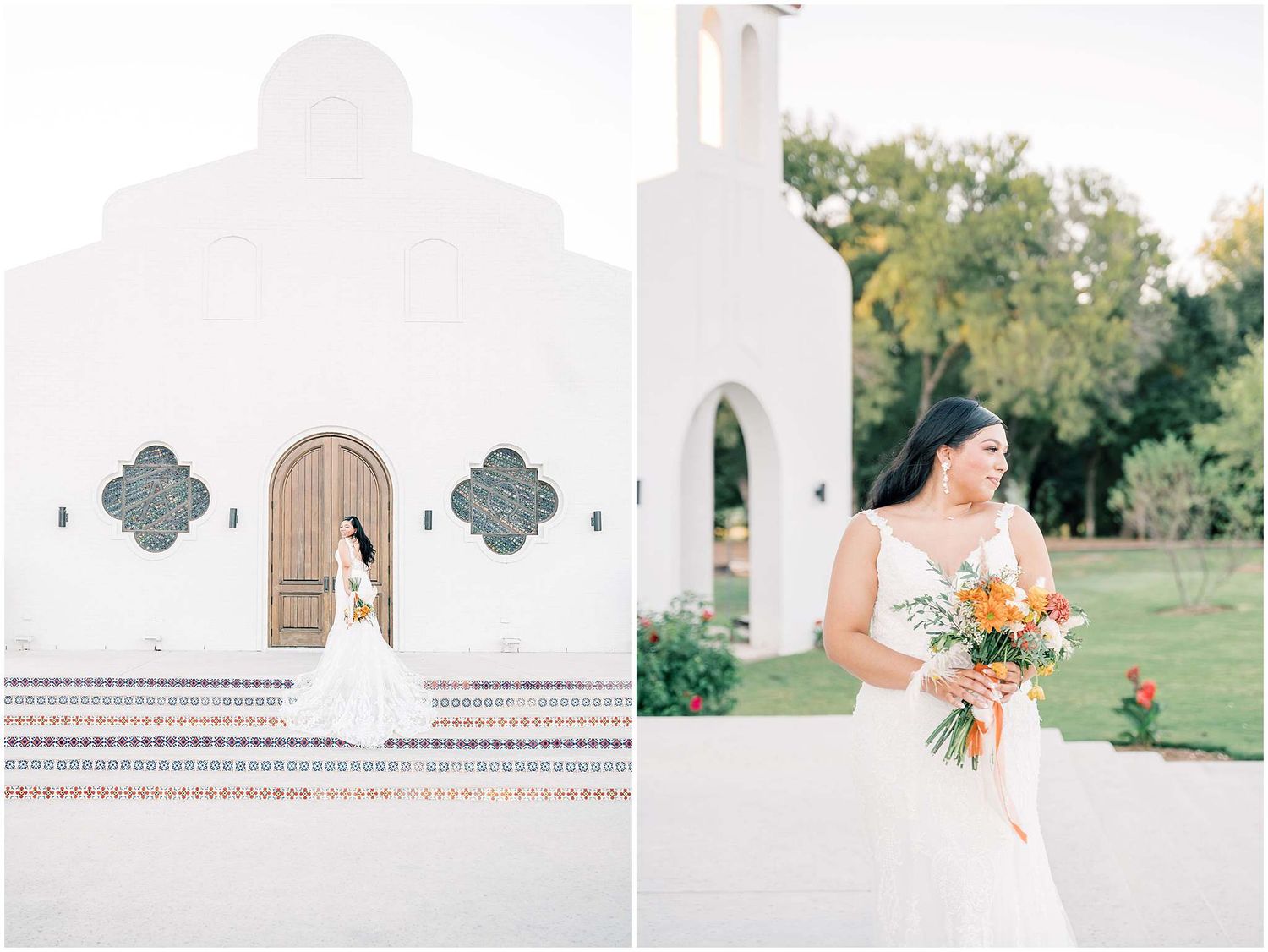 Bride holding coral and peach bouquet against white mission-style church exterior.