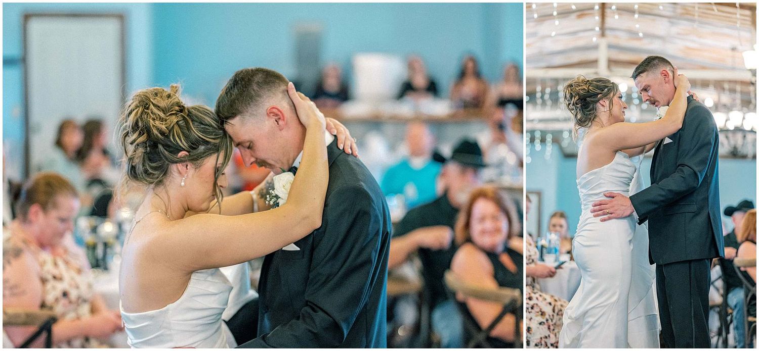 Couples share romantic dance moves at an elegant wedding reception with string lights overhead.