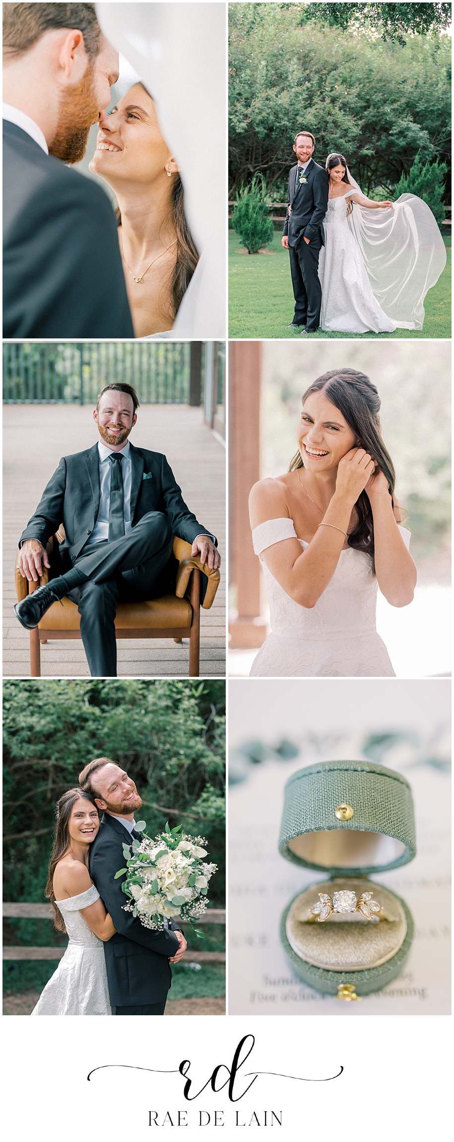 A romantic wedding photo collage showing outdoor portraits and detail shots with a sage green color scheme.
