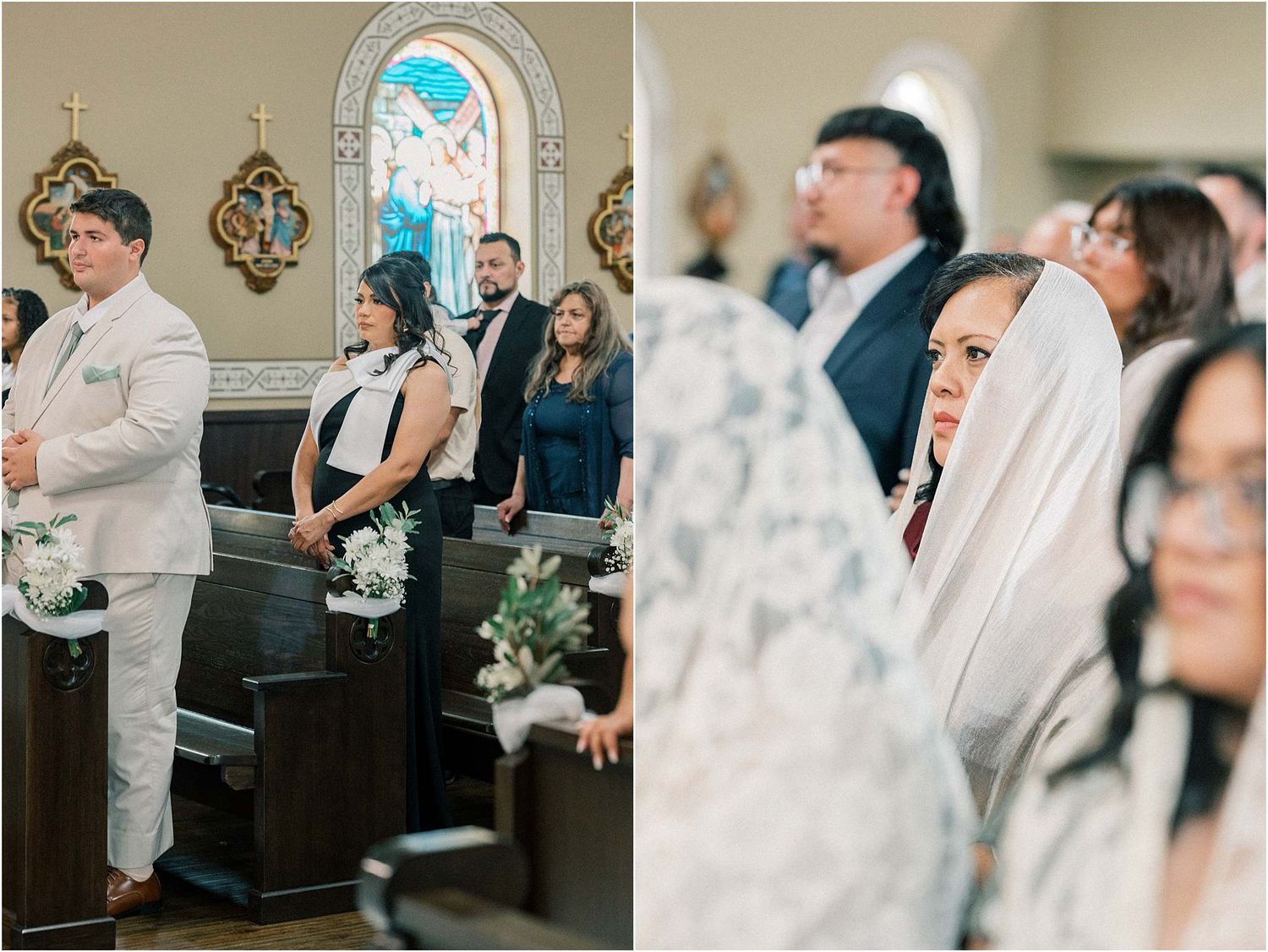 Church wedding ceremony candid moments with guests and traditional decor.