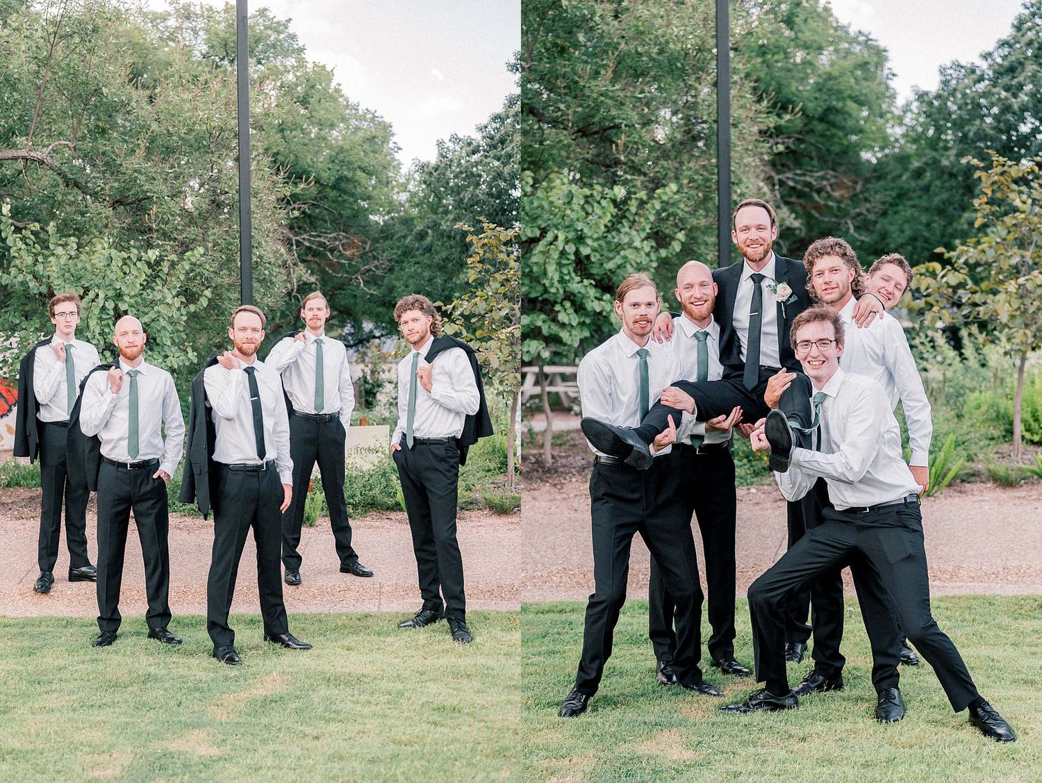 Groomsmen in formal attire pose playfully on outdoor garden grounds.