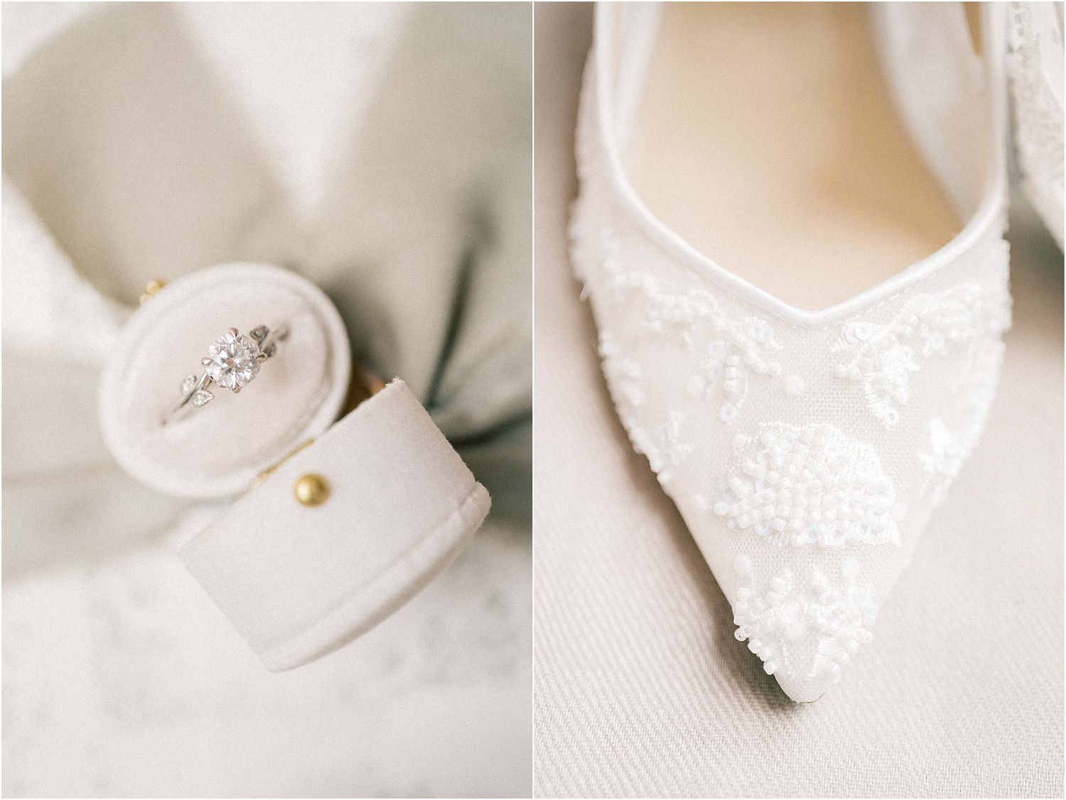 Close-up details of delicate white lace wedding shoes with floral embellishments.