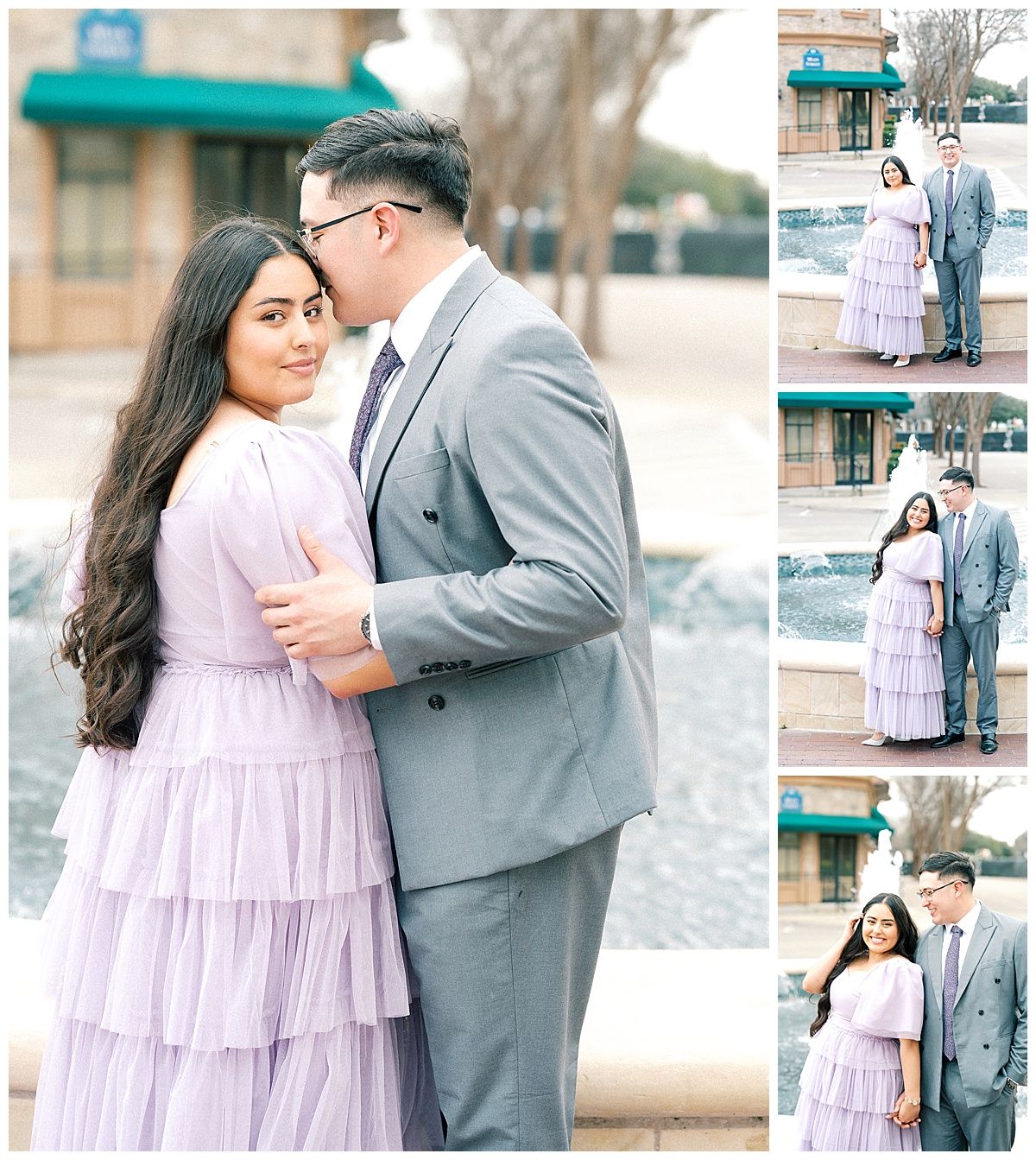 Romantic photo collage showing tender moments between a couple in complementary formal attire.