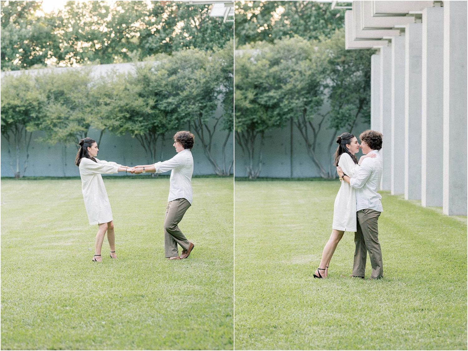 Romantic outdoor photoshoot sequence with white architectural columns and green lawn.