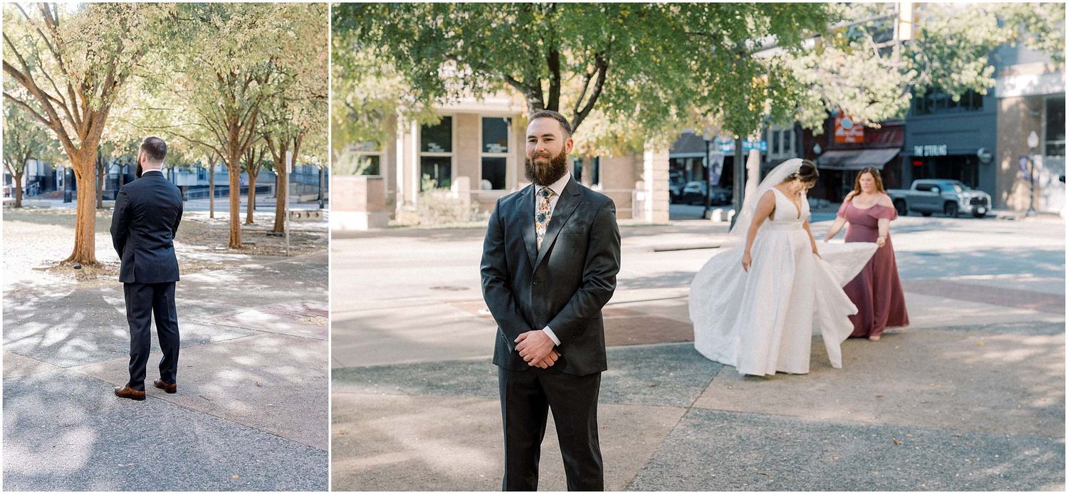 Outdoor wedding scene with guests and wedding party gathered on a stone patio.