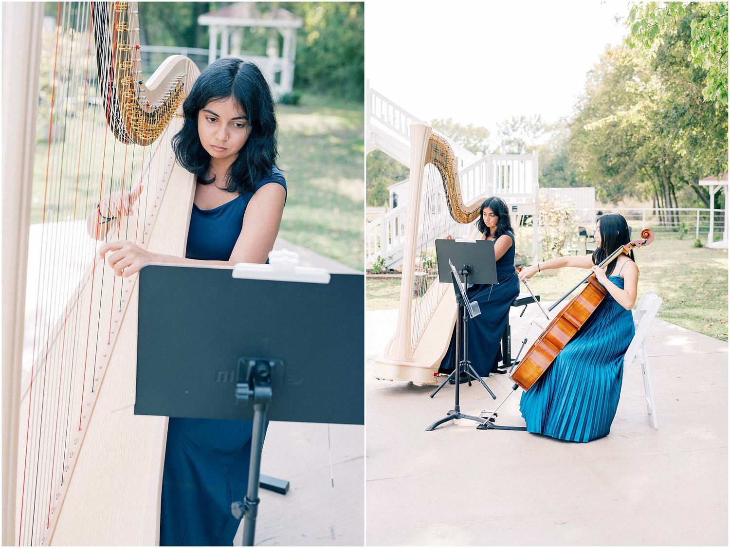 Musician performs on cello at outdoor wedding with white porch backdrop.