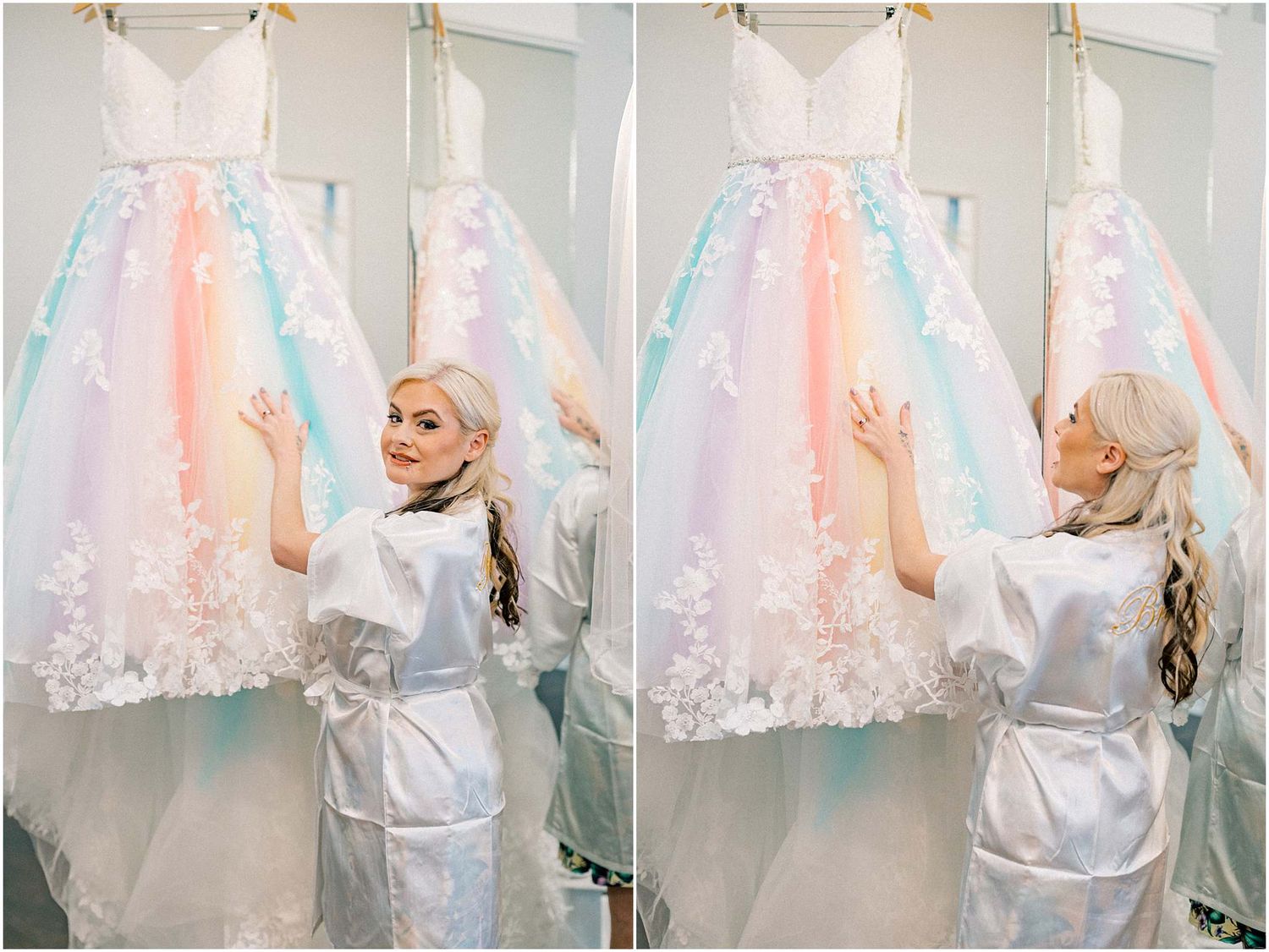 A whimsical pastel rainbow wedding dress hanging on display.