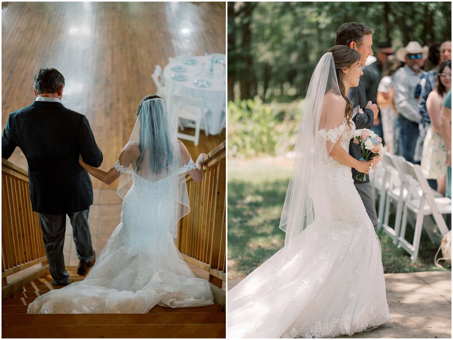 A bride in a flowing white ballgown twirls gracefully during an outdoor wedding ceremony.