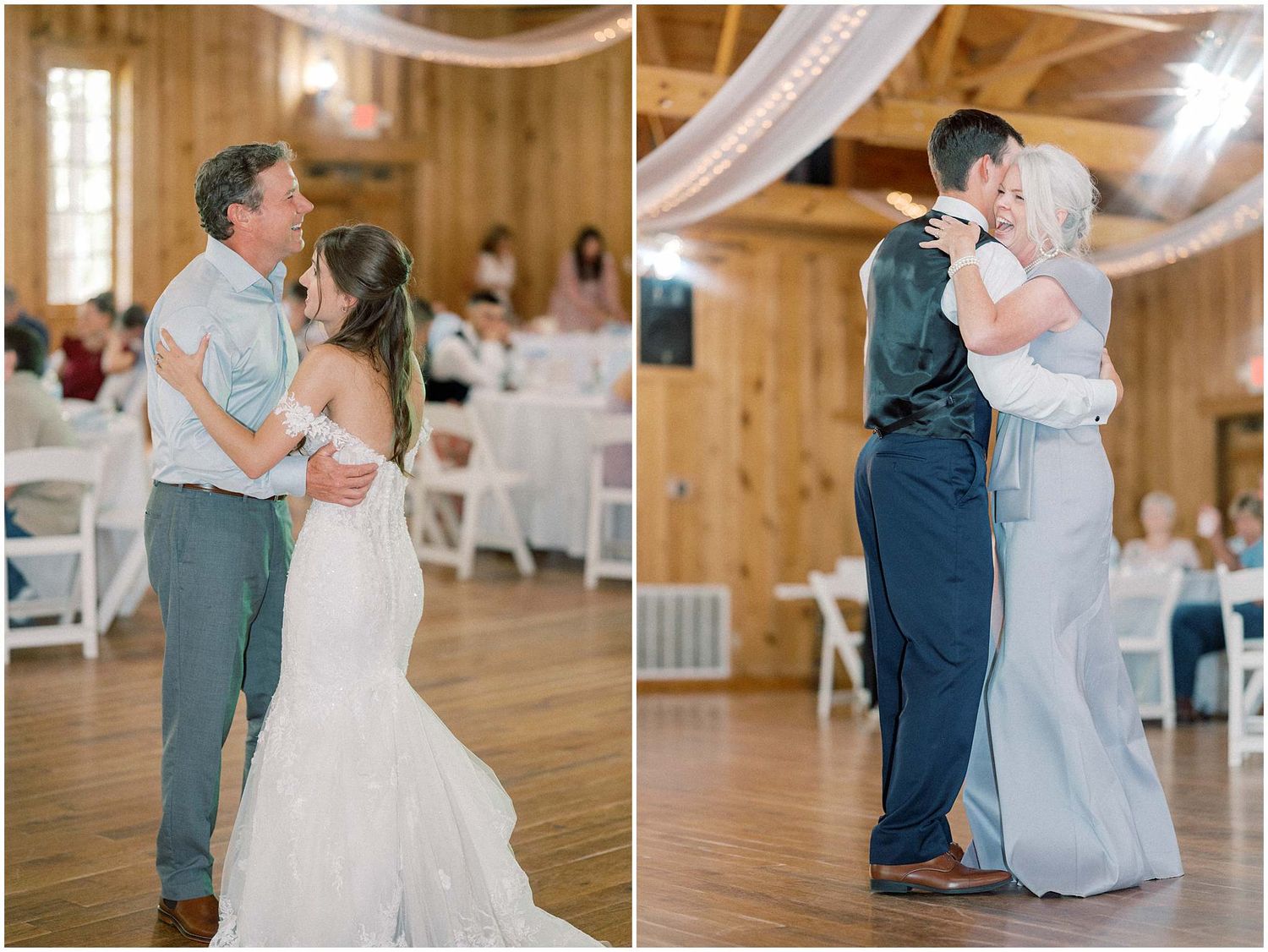 Two couples share romantic first dances in an elegant rustic barn venue decorated with flowing white fabric.