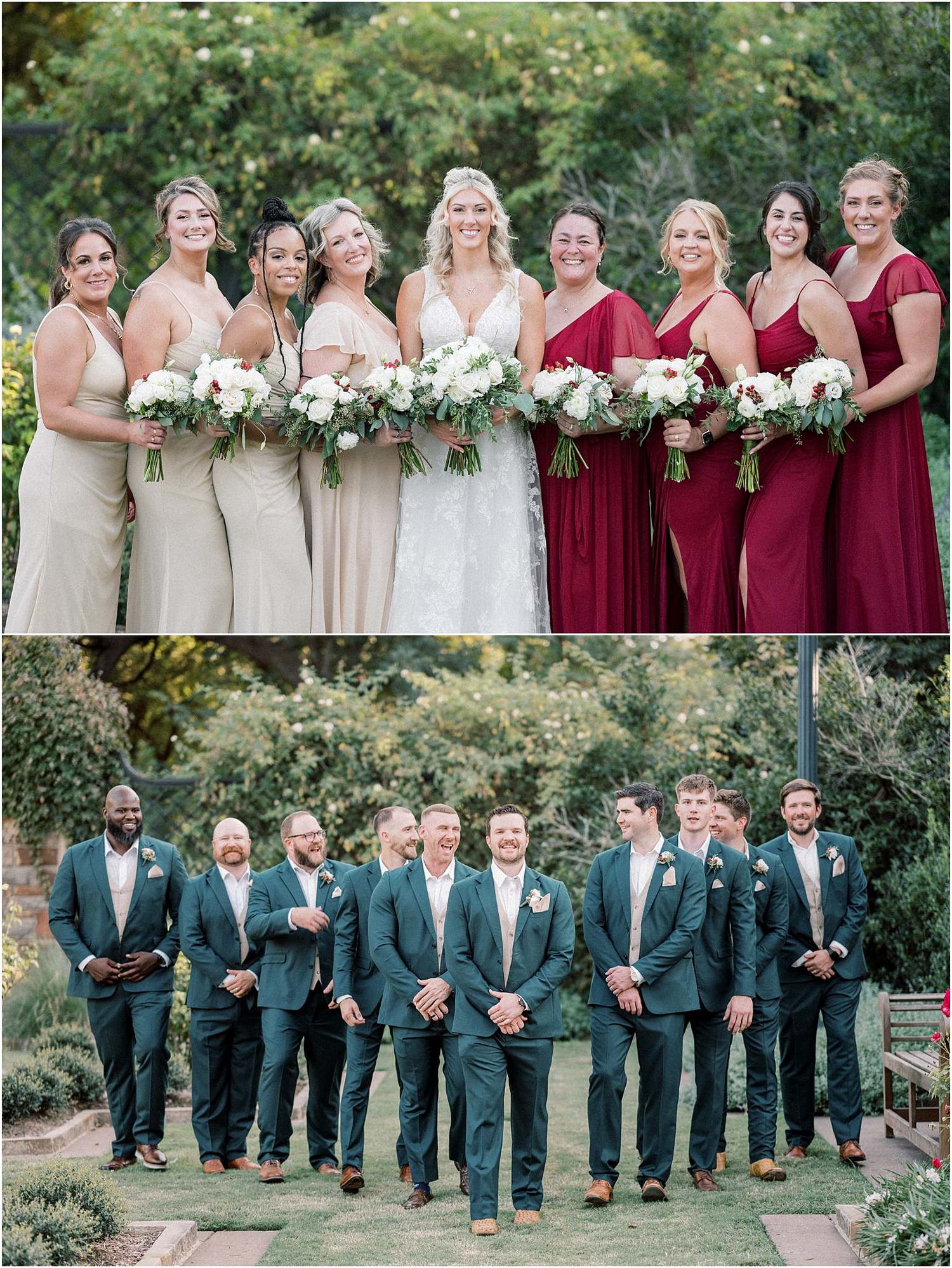 Wedding party members in burgundy dresses and navy suits pose together in garden setting.