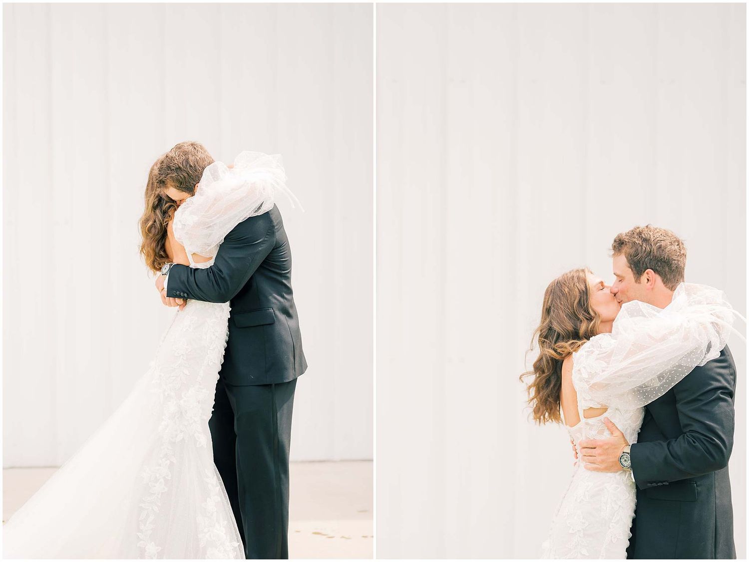 Two romantic wedding photos showing the couple in a loving embrace against a light background.