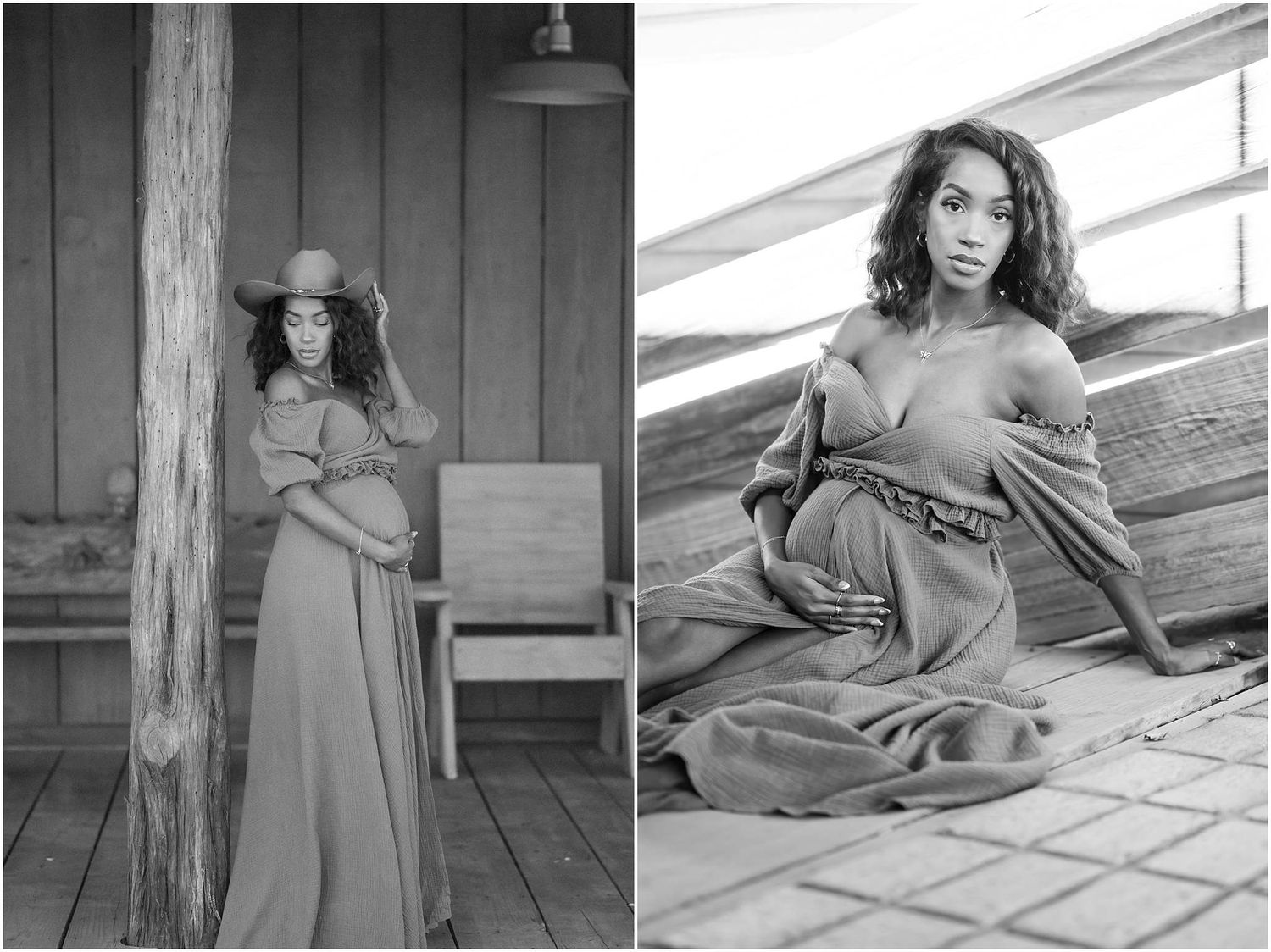 Black and white maternity photos showing elegant poses in a sunlit indoor space.