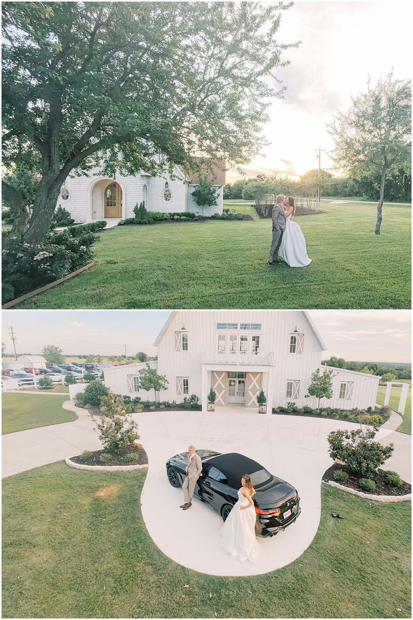 Bride and groom pose near a white wedding venue surrounded by lush greenery at golden hour sunset.