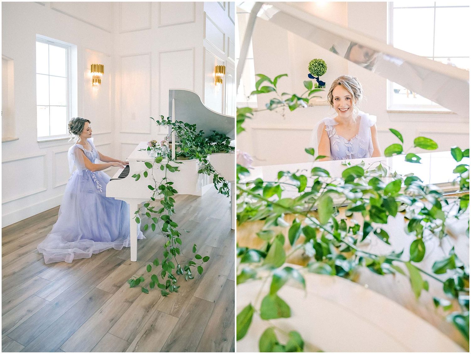 Elegant indoor photoshoot featuring soft lavender dresses and delicate greenery in a bright white room.