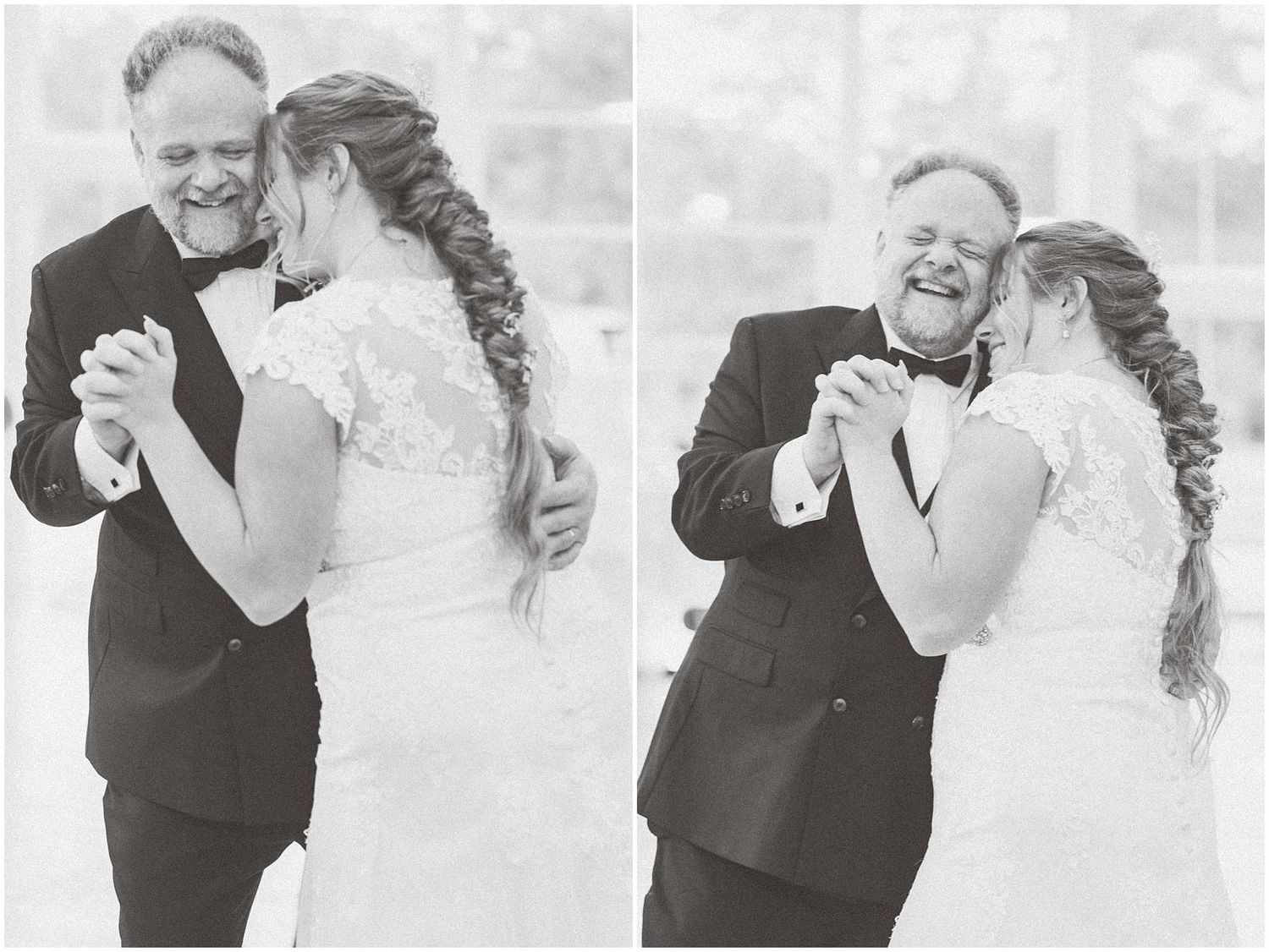 Joyful couple shares a romantic dance and laugh together during their wedding celebration.