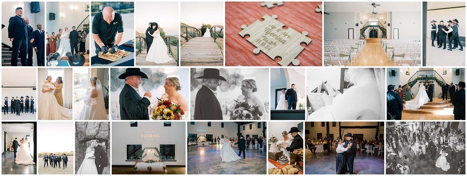 Wedding collage featuring various moments from a celebration including dancing, ceremony details, and reception scenes.